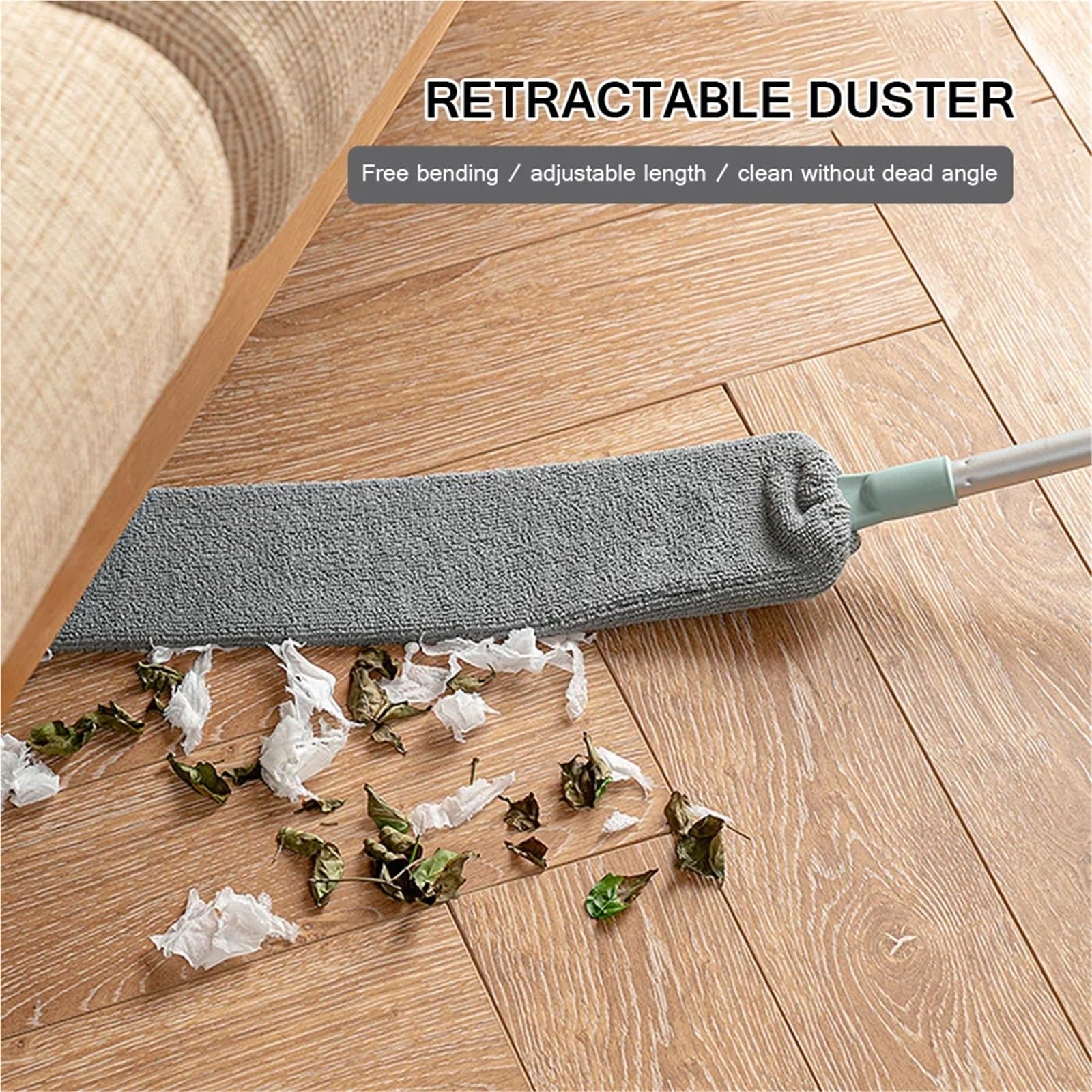 Plumero retráctil extensible con paños de microfibra, cepillo de polvo de mango largo para limpieza del hogar, limpiador de polvo para cama, sofá y zonas de difícil acceso (8 fundas lavables)