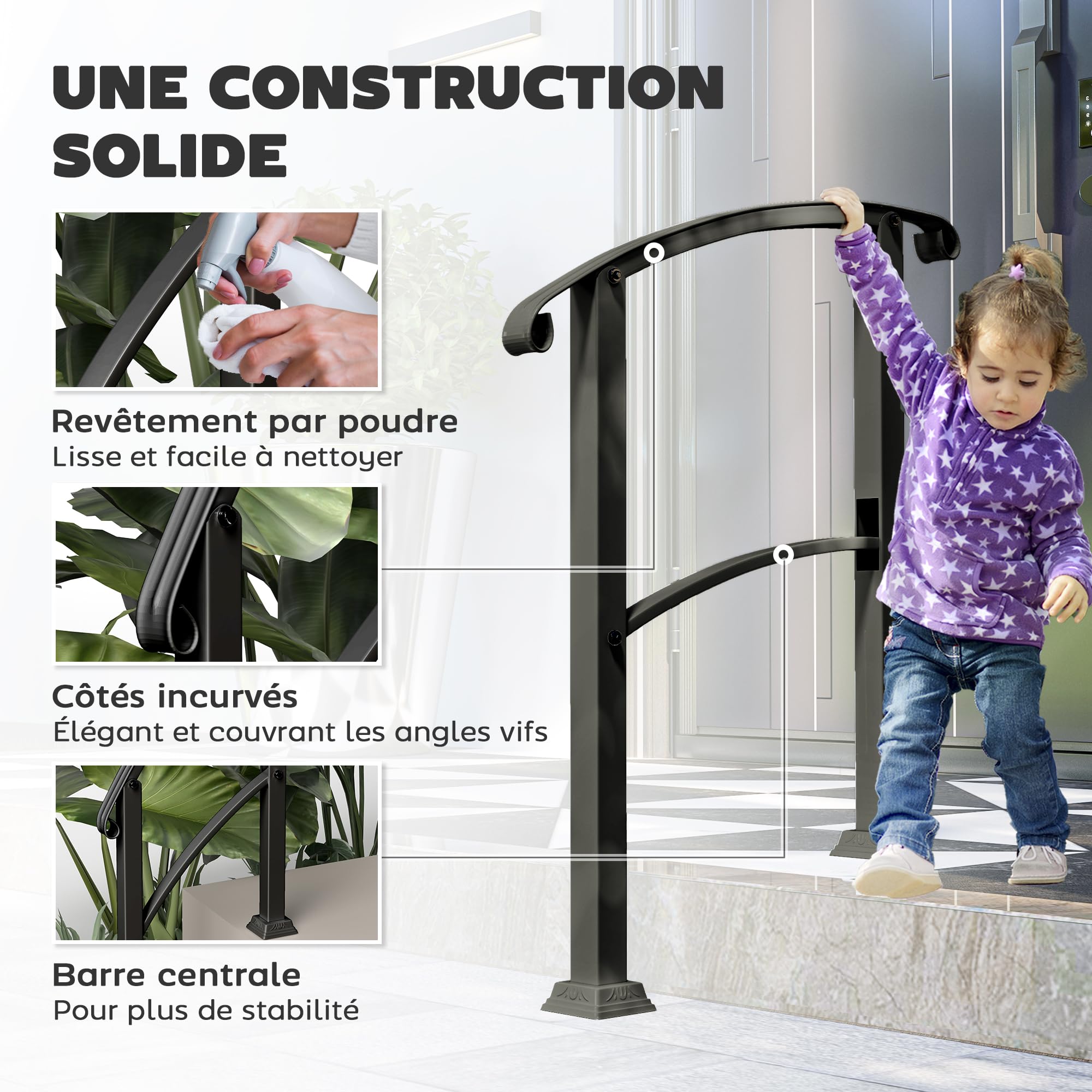 Outsunny Rampe d'Escalier Extérieure pour 1 à 3 Marches Main Courante Noir | avec Kit d'Installation, Rampe d'Escalier en Métal pour Porche, Bois et Béton, Style Campagne