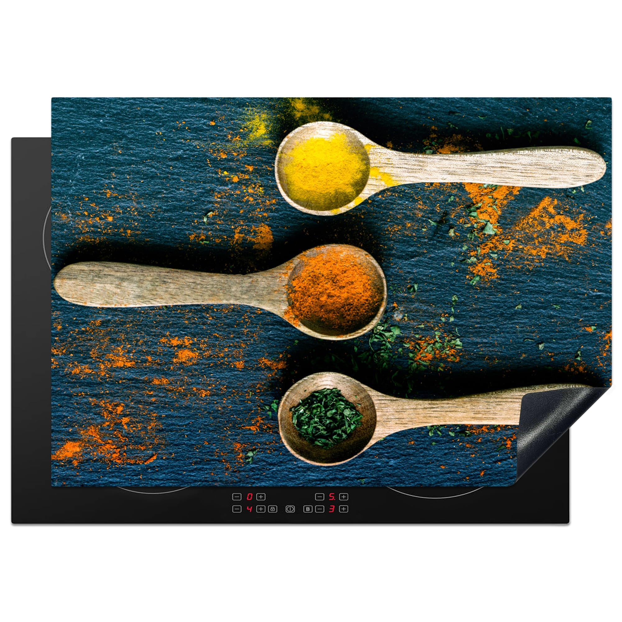 KitchenYeah© Induction Hob Protector Mat 20.5"x29.5" / 75x52 cm Stove Cap Top Cover Kitchen Cooker Covers for Electric Hobs Vinyl Spices - Spoon - Herbs - Brown - Yellow - Green — image 1