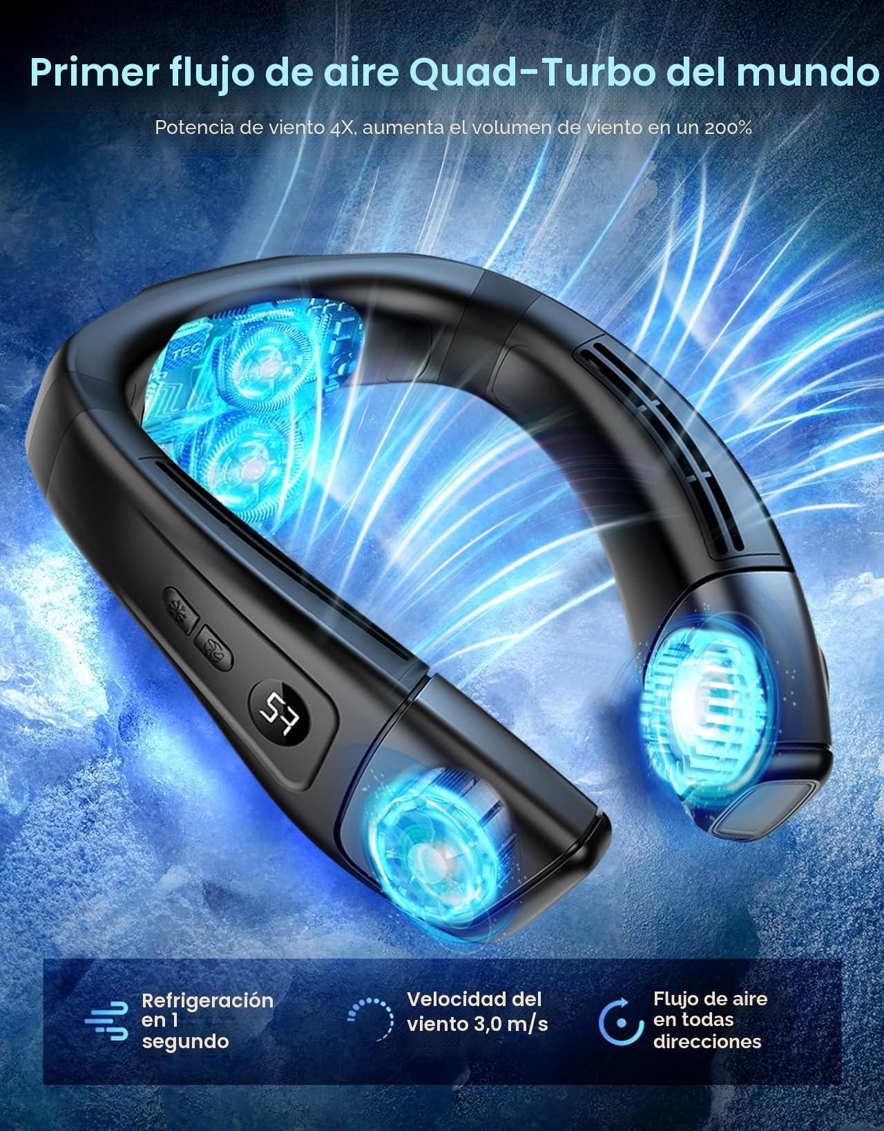 Ventilador de Cuello Portatil Con Hielo Placa de Refrigeración Grande, Ventilador Pequeño Silencioso Aire Acondicionado Ponible 6000mAh USB Recargable, 360° Aire Frio Trasera para Viaje Playa Oficina