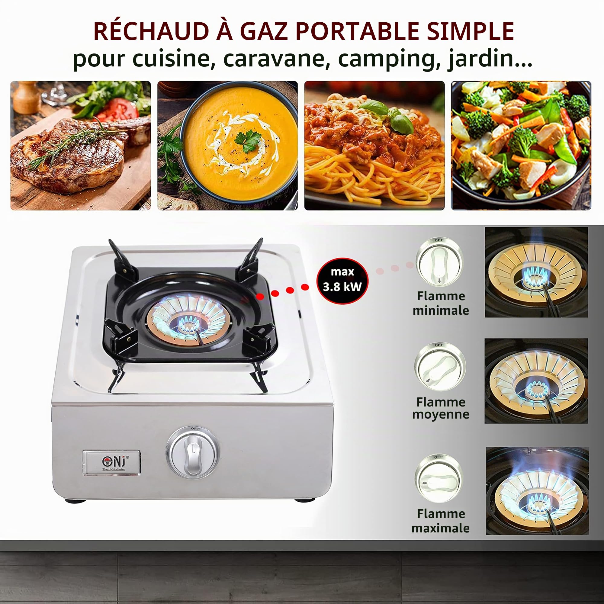 NJ NSD-11 Réchaud gaz Portable - Table de cuisson a gaz GPL en Acier Inoxydable pour Caravane 3,8 kW