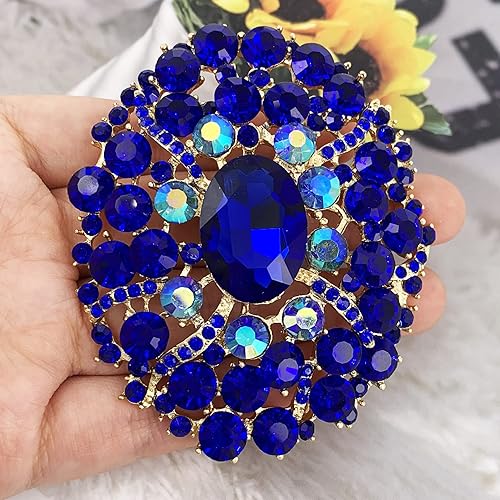 Miniatura 2 de SELOVO Broche de purpurina ovalada grande grande con diamantes de imitación en tono dorado