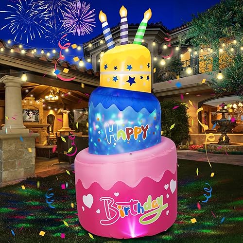 B&D Pastel inflable de feliz cumpleaños de 6 pies con velas, decoraciones de cumpleaños iluminadas con luces LED giratorias de colores, decoración