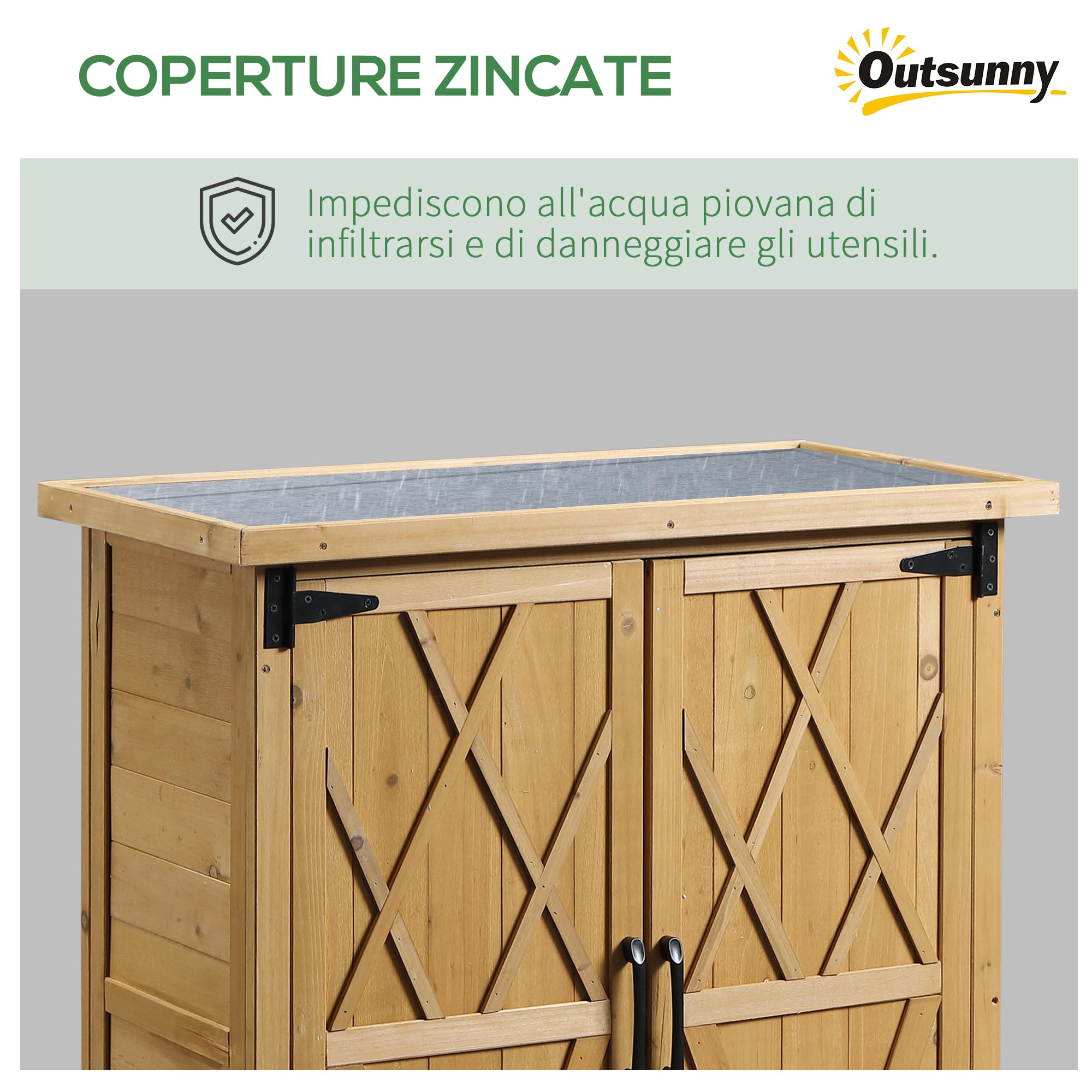 Outsunny Capanno Porta Attrezzi da Giardino con 2 Ante, 4 Scaffali e Base Rialzata, Casetta Attrezzi Giardino in Legno di Abete con Tetto in Lamiera Zincata e Chiusura Magnetica, 75x40x90 cm, Giallo