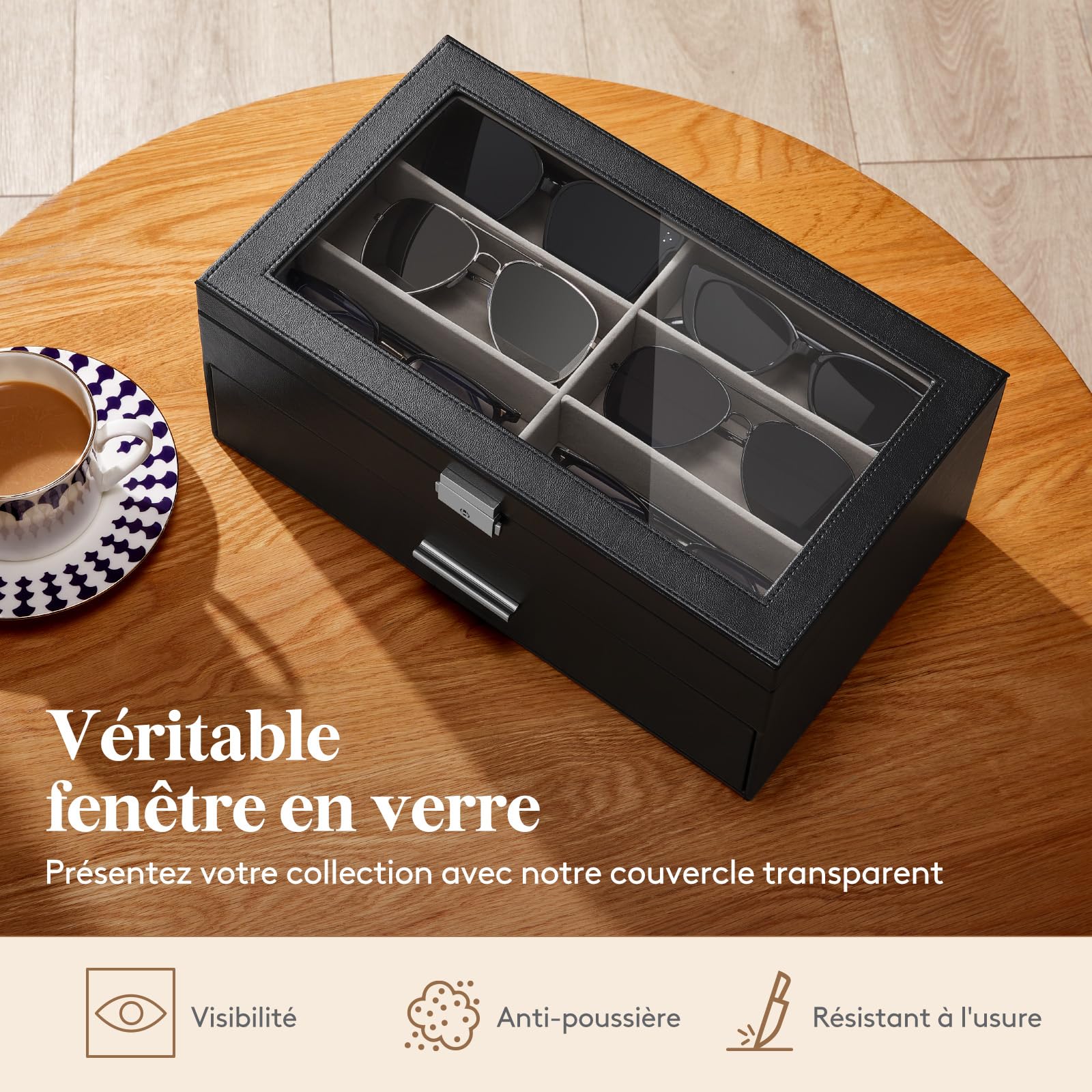 Lifewit Etui Lunettes Rigide Homme, Rangement Lunette de Soleil, Boite a Lunette avec Tiroir, 35 x 21cm, Noir