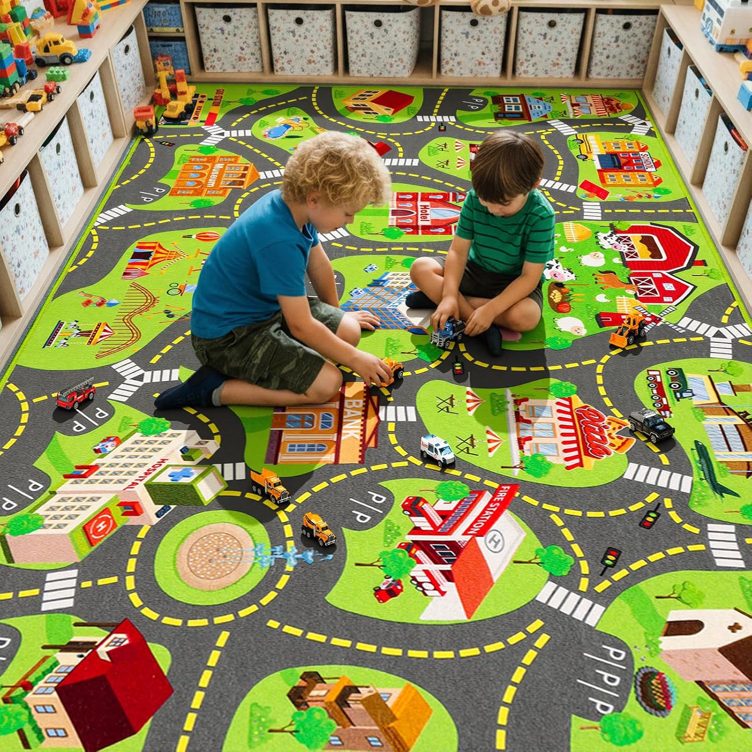 Kids Car Rug Play Mat with 12 Toy Vehicle Set, Kid Road Playmat Rug for Toy Cars, Cars Play Rugs Town City Map Carpet,Toddler Car Track Rugs for Kids Boys Playroom Bedroom (60"X36", City Map+Vehicle)