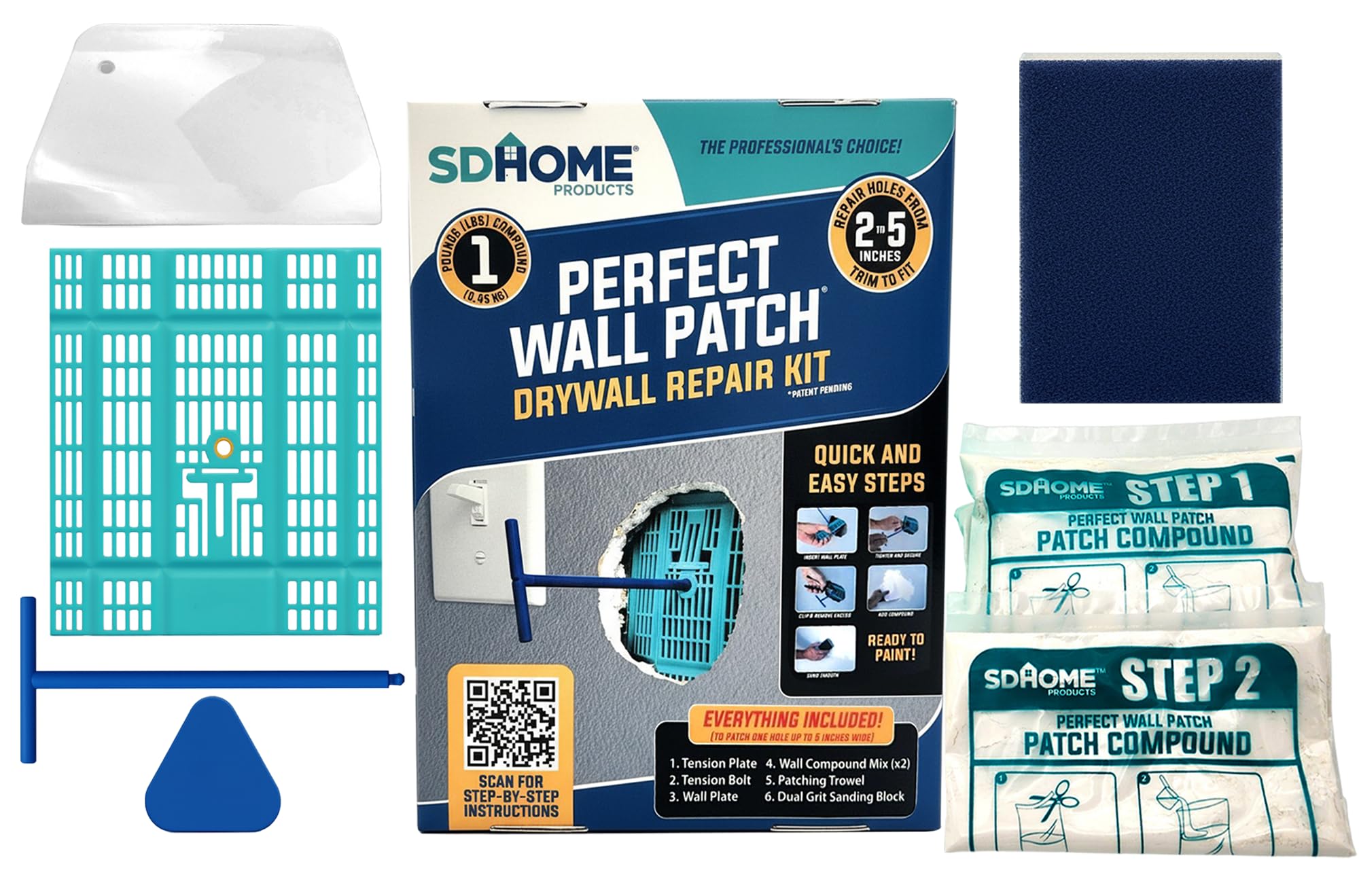 Drywall Repair Kit by SD Home, Fix Large Holes Fast, Wall Plate, 2 Patch Dry Compound Bags, Sanding Block & Trowel, Perfect Drywall Hole Patch Solution, Quick & Easy Filler, Wall Putty, Spackle Paste