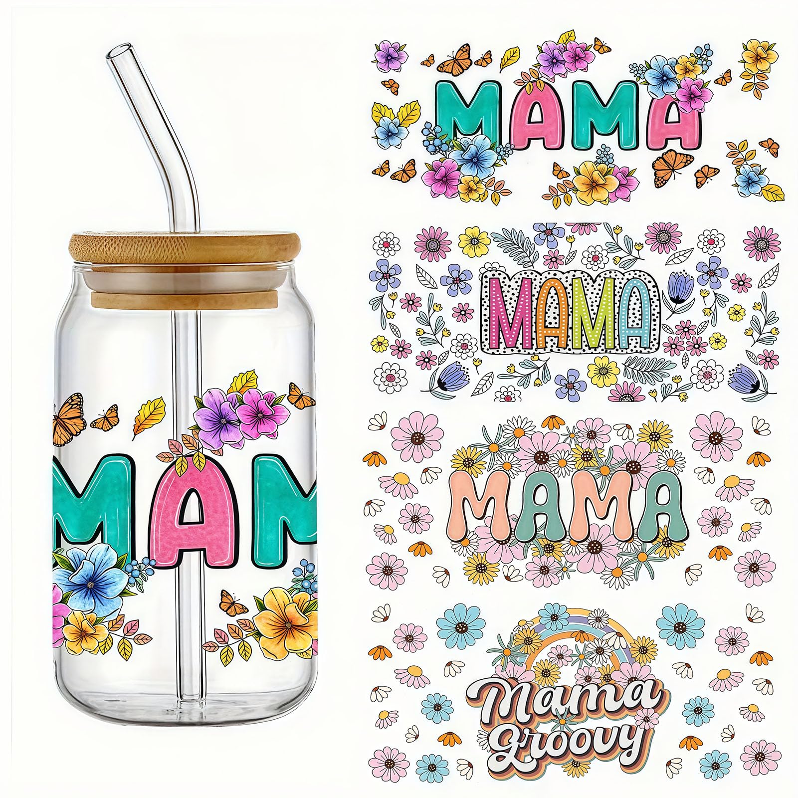 4pcs Mom Flower UV DTF Cup Wraps Transfer Waterproof Sticker for Glass Cups Furniture Craft DIY Crafts，Rub on Transfer Stickers for DIY Water Bottle Laptop Decal Wood Car