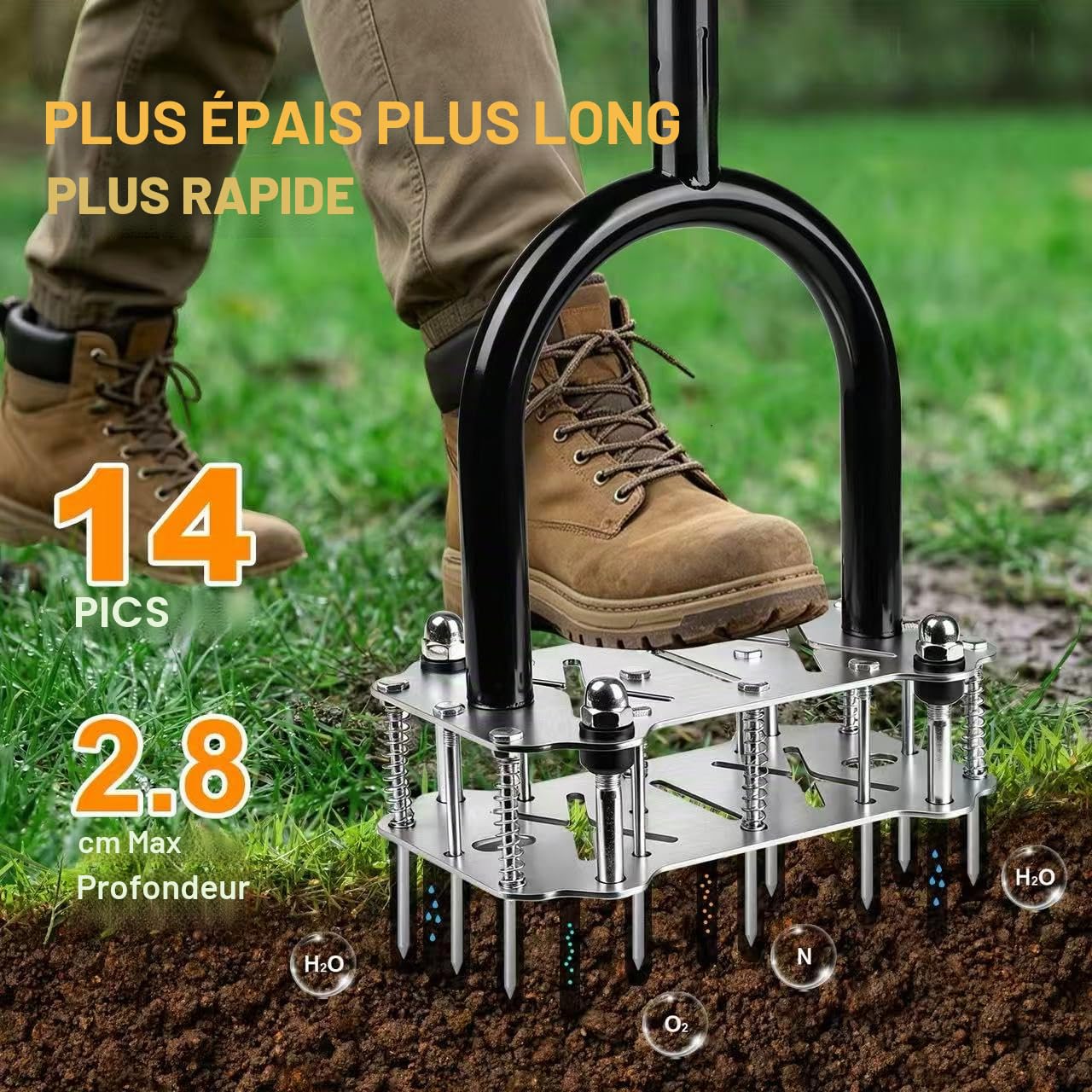Aérateur de Gazon à 14 Picots, Aérateur de Pelouse Manuel avec Semelle Antidérapante – Scarificateur et Aérateur pour Sol Compacté, Outil d’Aération pour Gazon, Jardin et Pelouse