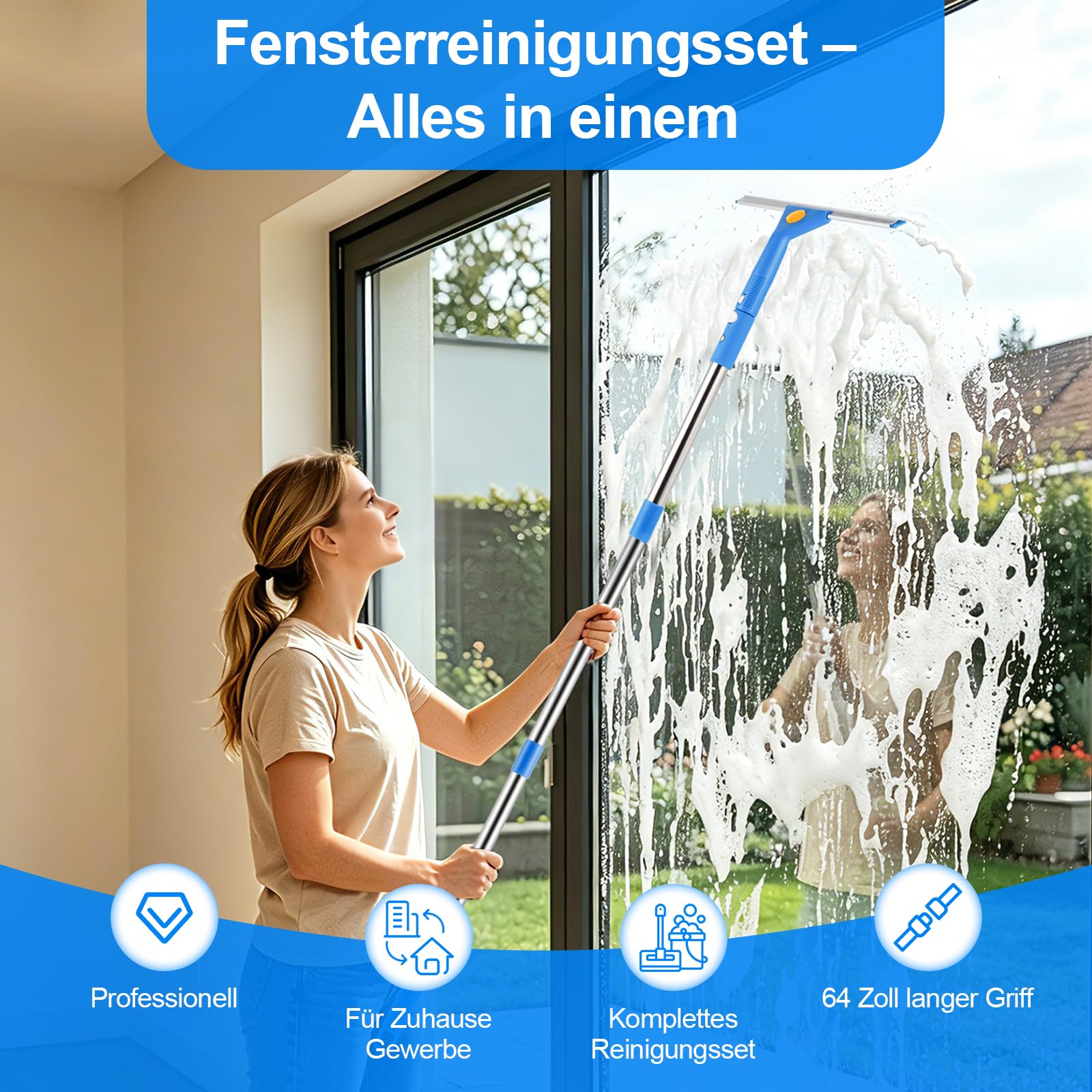 Fensterreinigungsset mit Ablage, inklusive kompaktem Reinigungseimer | 11Liter,Silikon-Abzieher , Mikrofaser-Scheuerschwamm; geeignet für Badezimmer, Duschkabinen, Spiegel, Fliesen und Autofenster