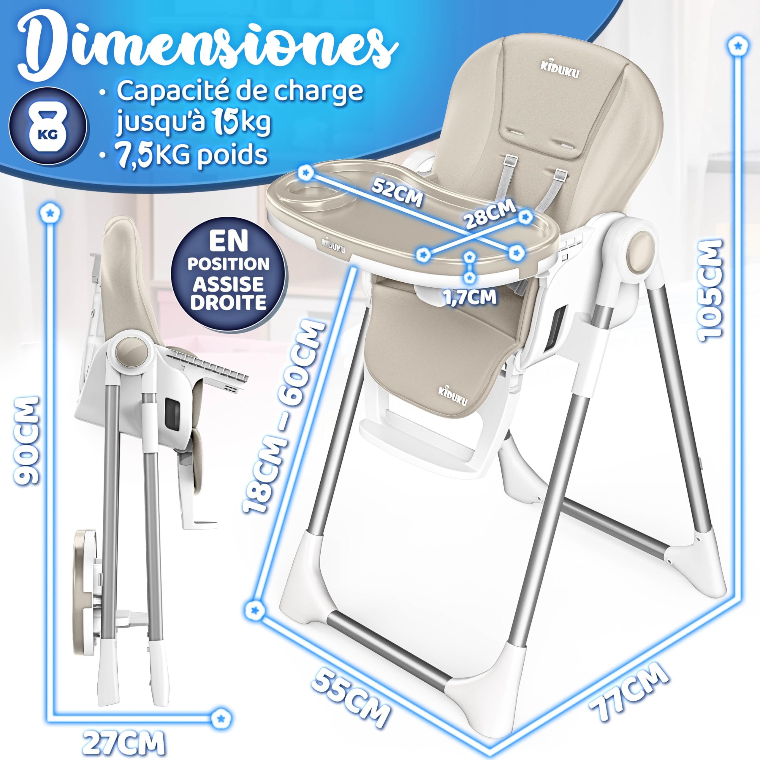 KIDUKU® Chaise Haute Bébé 3en1 avec Réducteur Nouveau-né & Bavoir | Chaise d'alimentation Évolutive Pliable avec Arche de Jeu | Chaise Haute Réglable en Hauteur 7 Positions pour 0-36 Mois (Beige)
