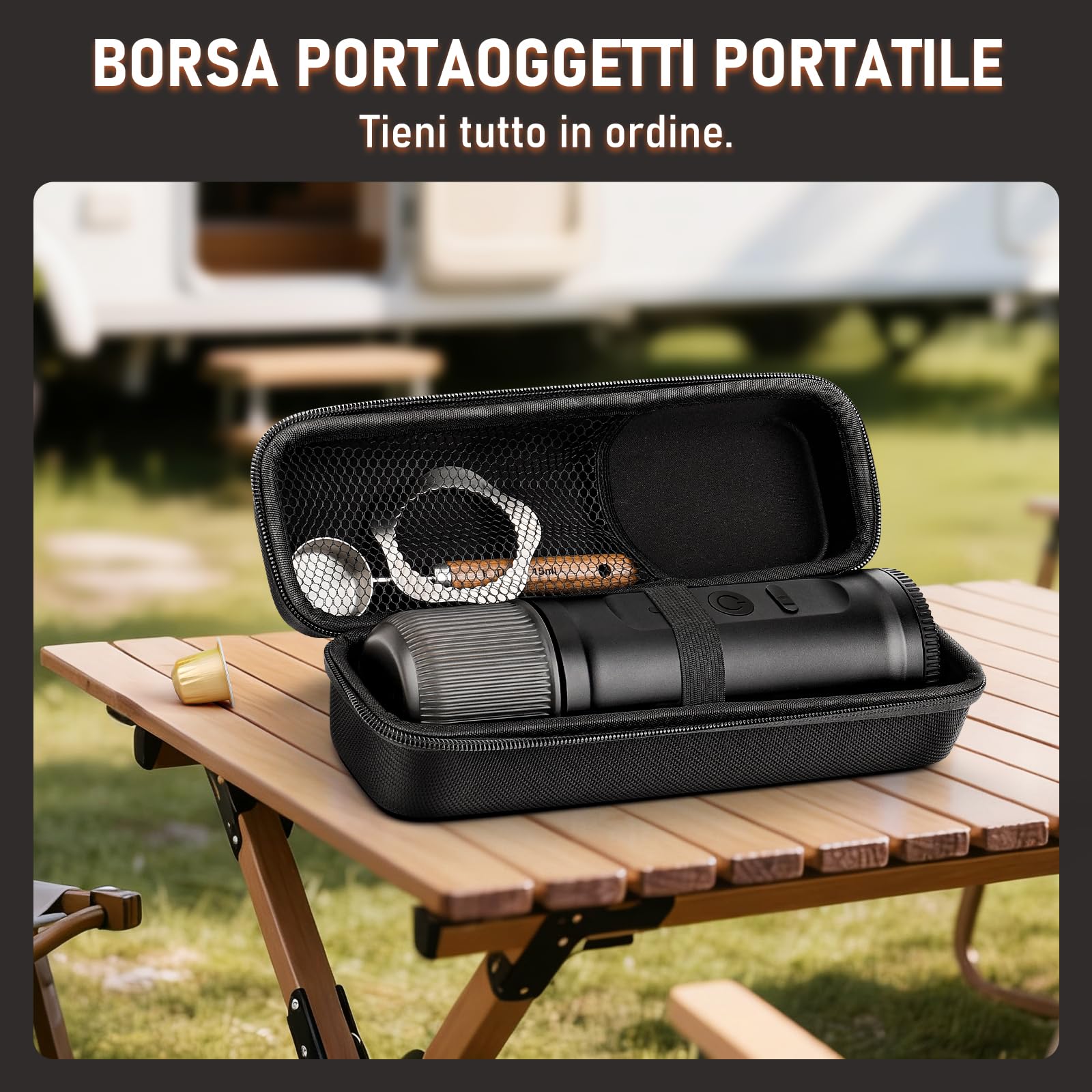 ICARE Macchina Caffe Portatile, 2 in 1 per Capsule NS e Caffè Macinato, Autoriscaldante, USB-C, Indicatore Batteria, Caffettiera Portatile da Viaggio, Campeggio, Escursionismo, Camper (Nero)