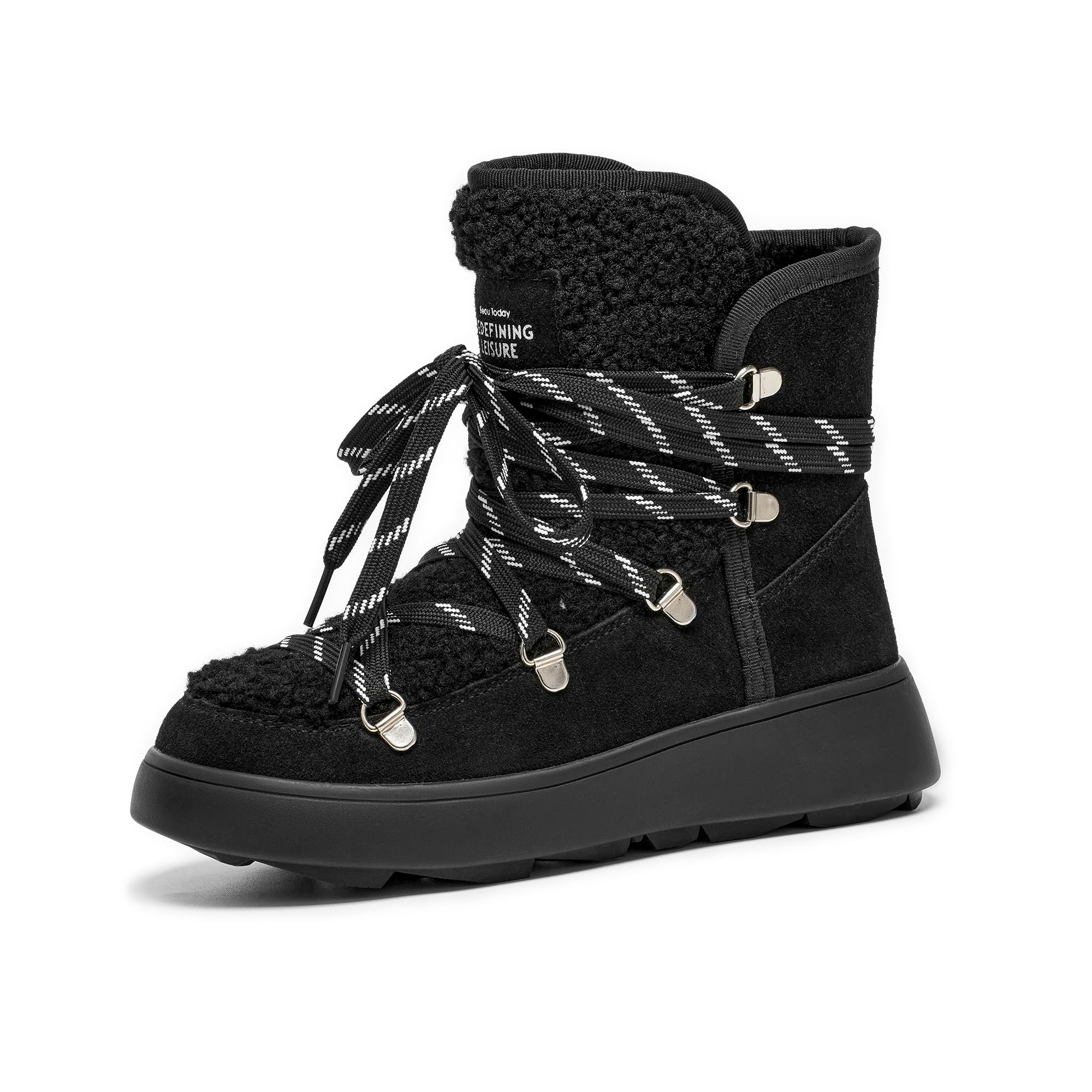 BEAU TODAY Snow Boots for Women Suede Fur Womens Platform Boots Anti-Slip Lace Up Round Toe Ankle Boots