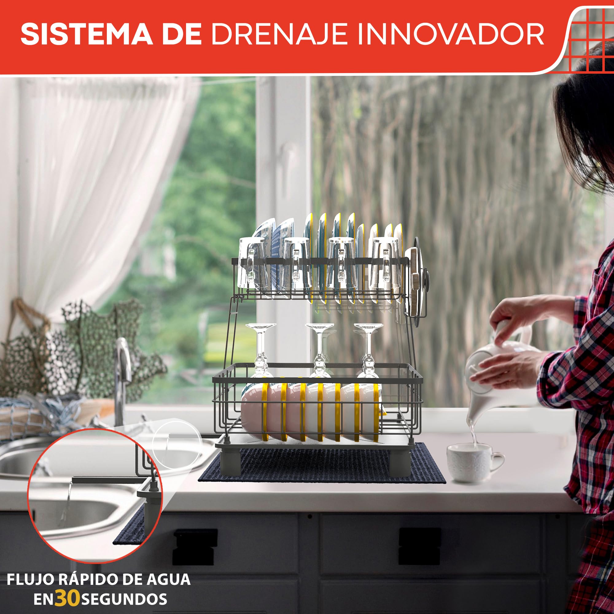 Escurreplatos sobre Fregadero - escurridor de Platos con Alfombrilla escurreplatos y Sistema de Drenaje automático a Fregadero - Fácil Limpieza y Montaje Sin Herramientas (2 Niveles)