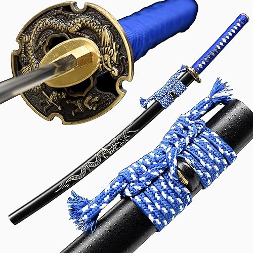 HanBon - Espada katana samurái forjada, Katana de dragón real 9260, hoja de espiga completa, muy afilada, puede cortar árboles de bambú