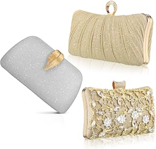 3 Pcs Golden Glitter Clutch Purse for Women Girl Bling Evening Handbag Purse with Detachable Chain Rhinestone Crossbody Evening Clutch for Bridal Wedding Party Date, 3 Style