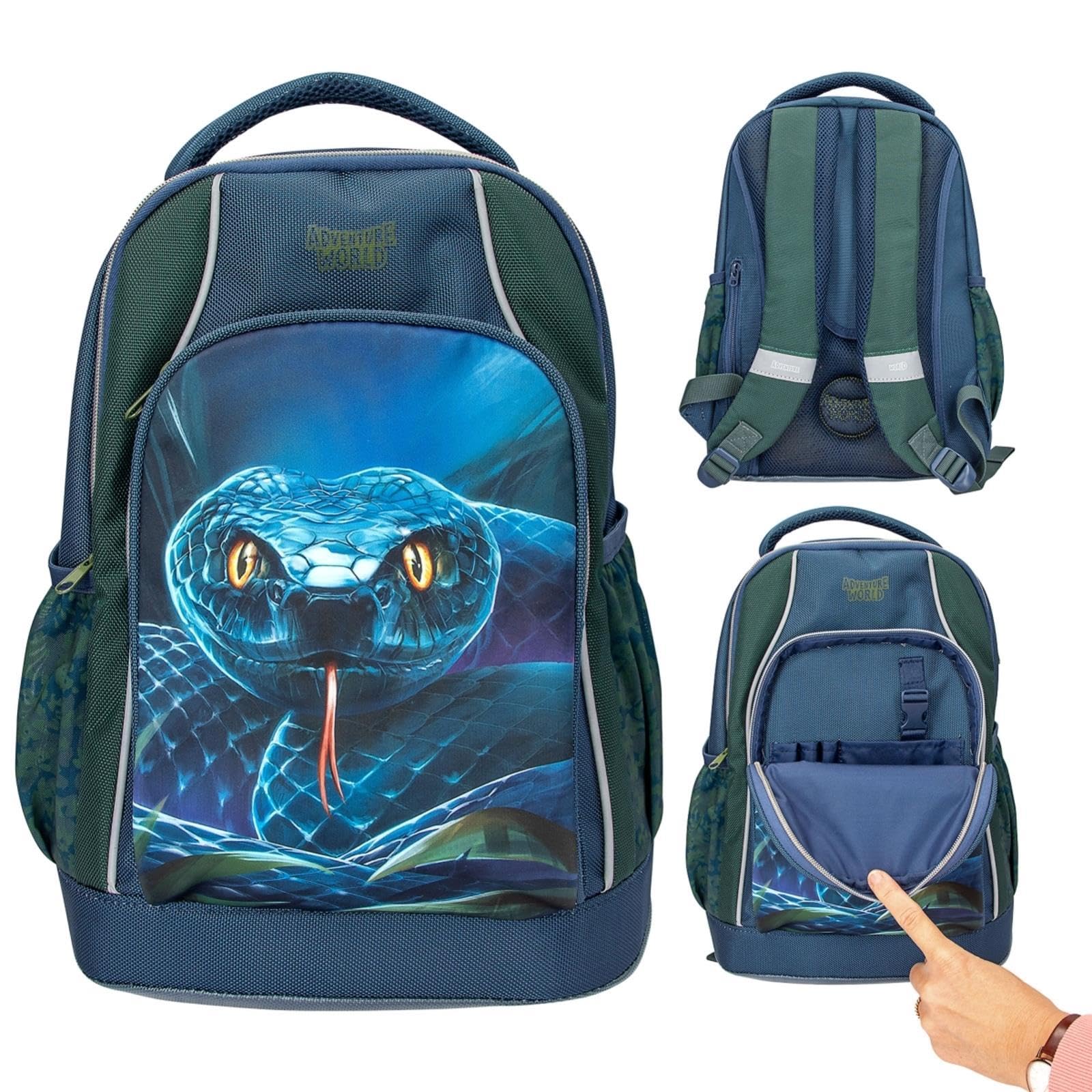 Depesche Adventure World - Zaino per la scuola e astuccio a 3 scomparti, motivo serpente scuro, zaino per la scuola con spalline regolabili, astuccio con matite colorate, forbici, righello, ecc