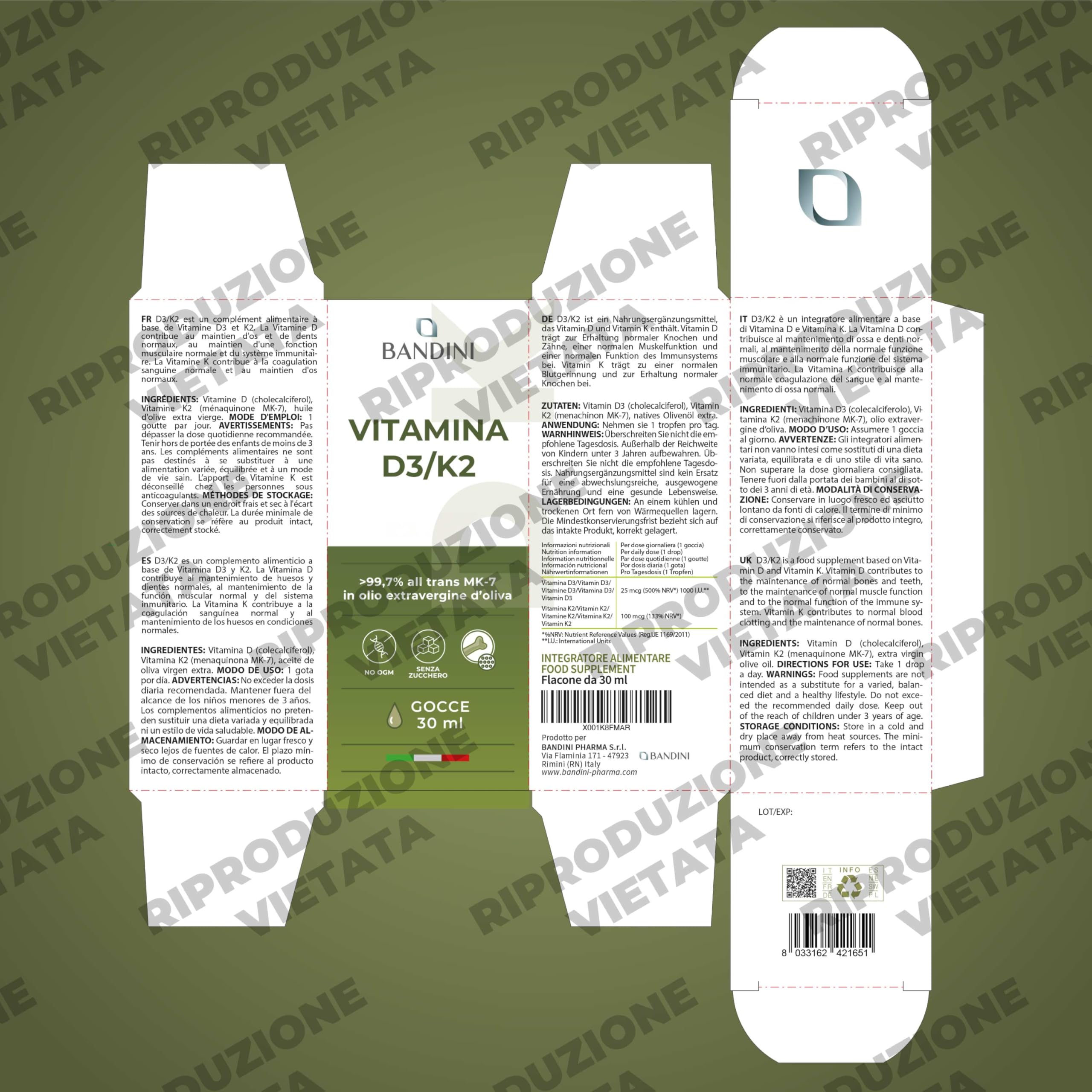 Bandini® Vitamina D3 K2 Gocce, in Olio Extra Vergine di Oliva EVO, Vitamine D Colecalciferolo 1000 UI per Goccia + Vit K MK-7 Menachinone Kappa 99,7% 100 mcg per Goccia, con pratico Contagocce