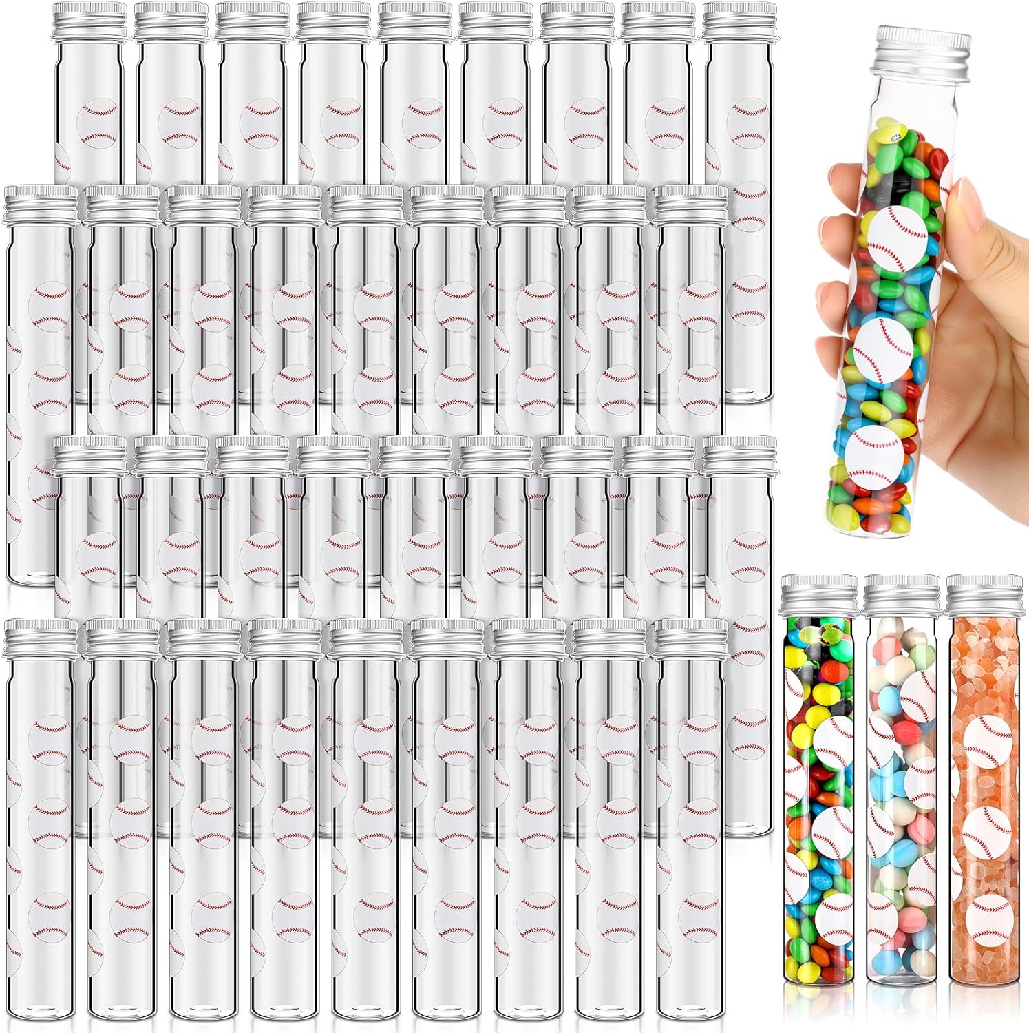 50 Set Baseball Party Fovor Baseball 65ml Plastic Test Tubes with Screw Caps Reusable Clear Flat Bottom Gumball Tubes for Candy Beads Bath Salts Storage, Sport Birthday Party Supplies, 28x150mm