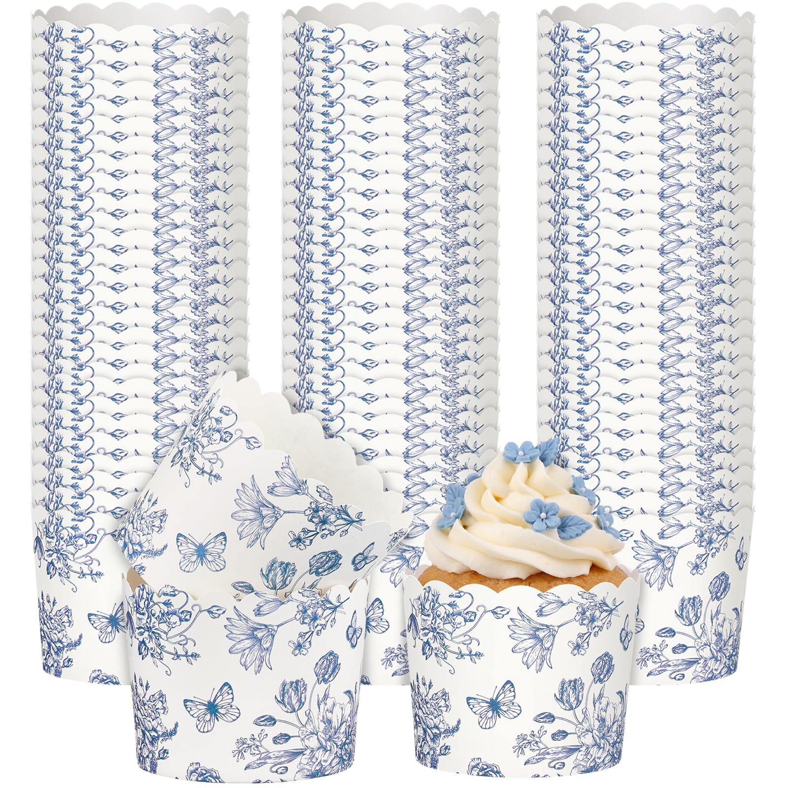 Photo 1 of Qinyoung 150 Pcs Blue Floral Cupcake Wrappers Liners Blue White Chinoiserie Wildflower Paper Baking Cups Disposable French Vintage Cupcake Muffin Cases for Wedding Baby Shower Birthday Tea Party Decor