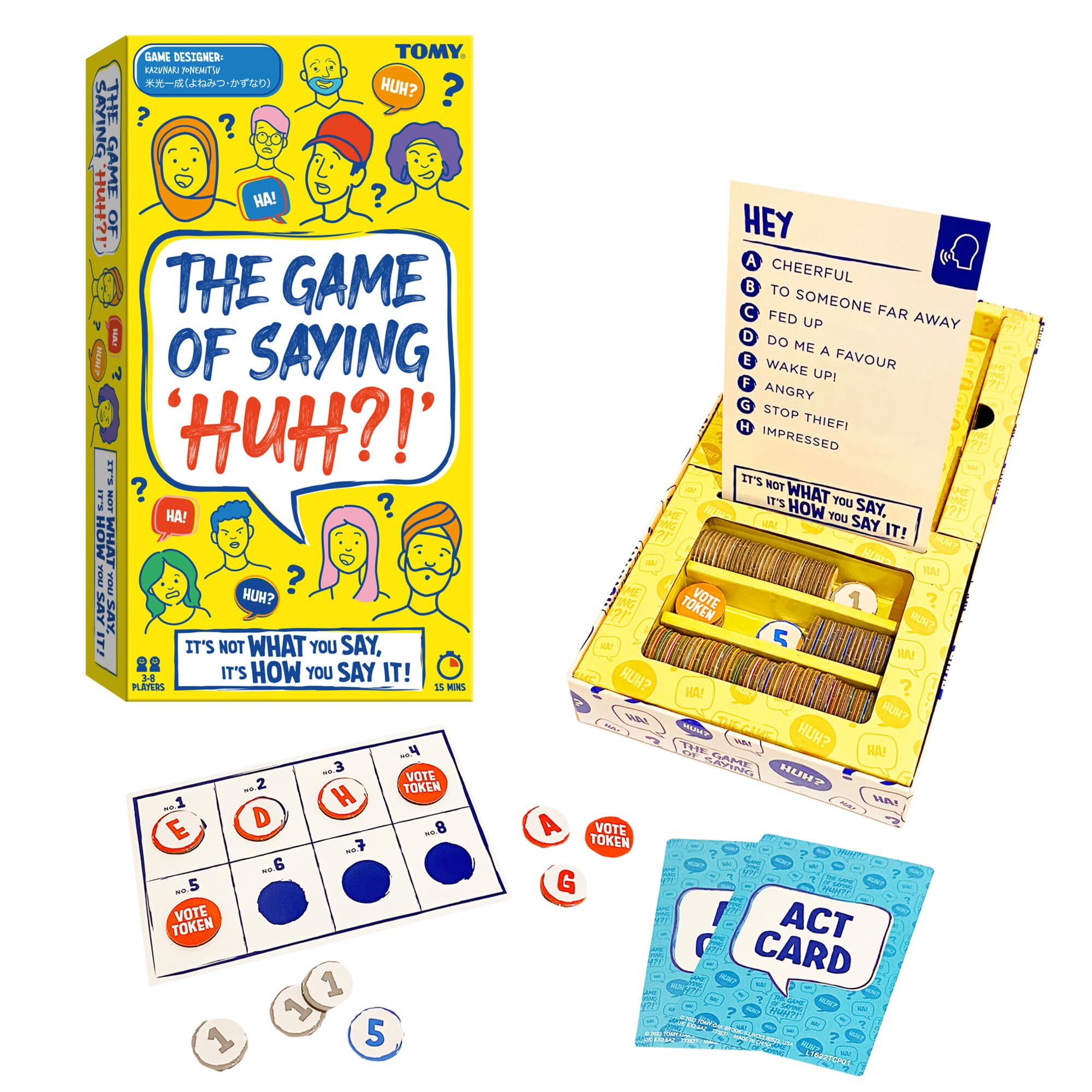 TOMY The Game Of Saying 'Huh?!' - Gioco Di Carte Di Impressioni Vocali, Divertente Gioco Da Tavolo Per Famiglie E Feste, 3-8 Giocatori, 8+ Anni