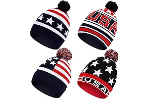 4Pcs American Flag Pom Knit Beanies Usa Winter Hats Warm Cuffed Men Women