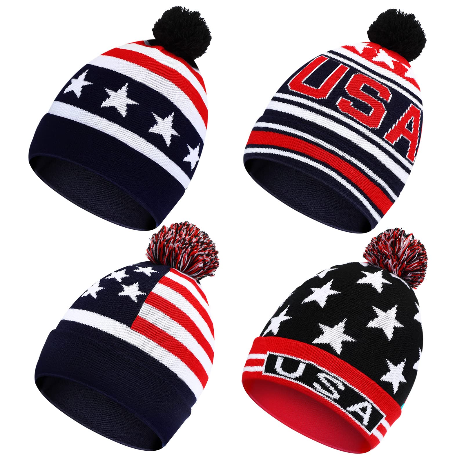 4 Pcs Winter Hat American Flag Pom Knit Beanie Fun USA Hat Warm Cuffed Beanie for Cold Days Men Women, Large