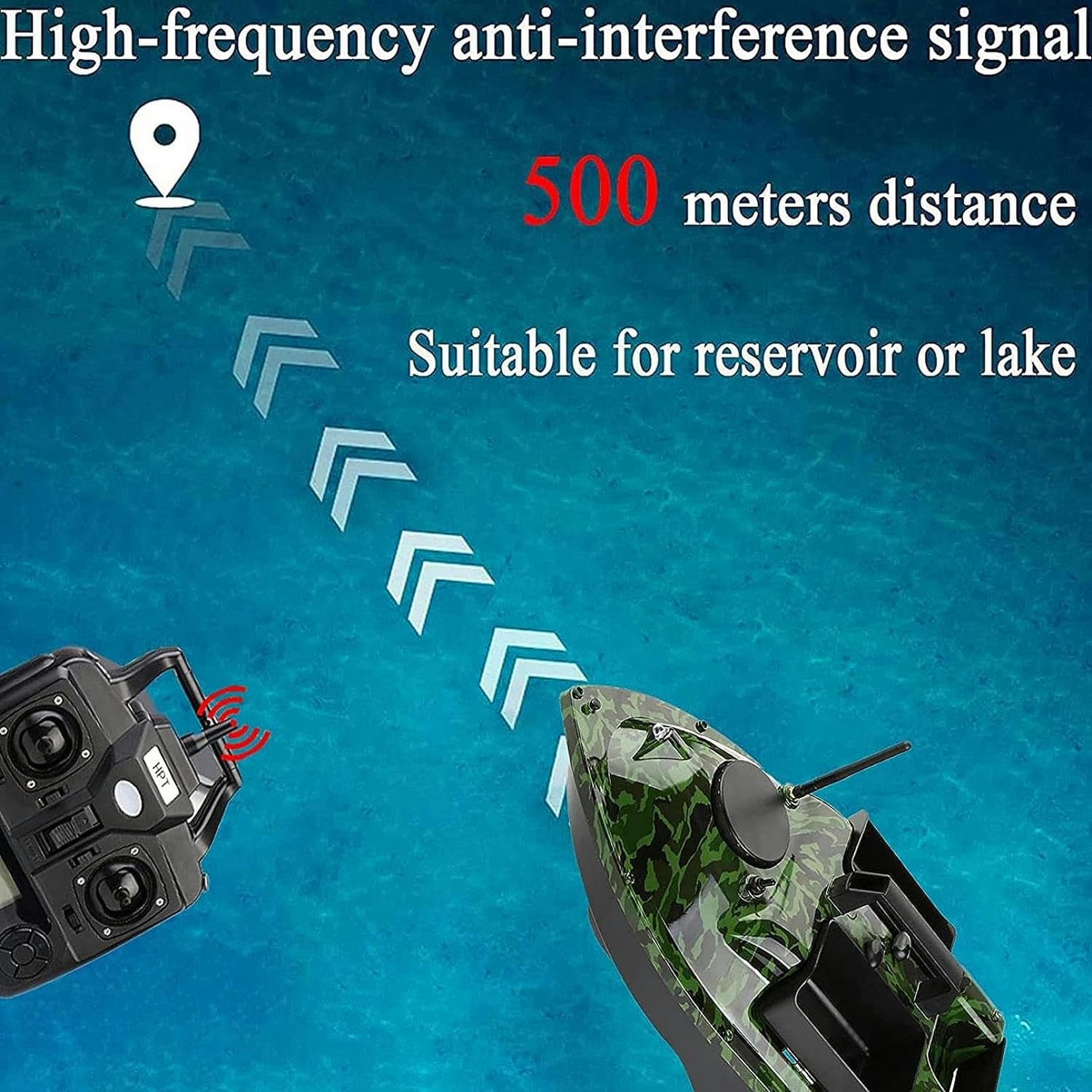 Barca Esca Telecomandata da Pesca, Barchino Carpfishing per Piscine & Laghi, Fish Bait Boat 500m GPS Crociera a Doppio Motore Crociera Automatica, Tre Contenitori Esca, Capacità di Carico di 2kg