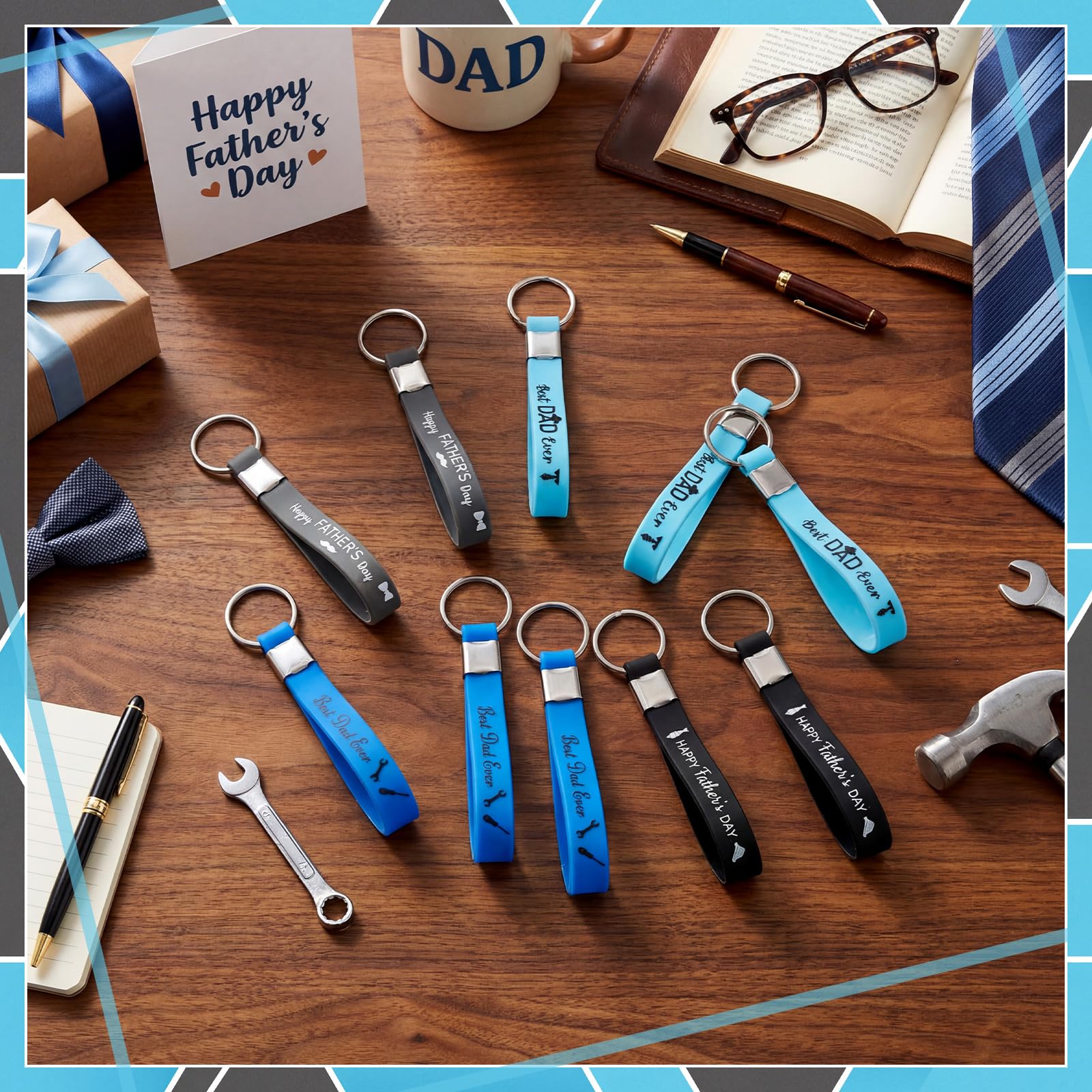 Konohan 100 Pcs Fathers Day Keychains Gifts Bulk Father's Day Church Gifts Silicone Wristbands Keychains for Dad Grandpa Men Appreciation Gift
