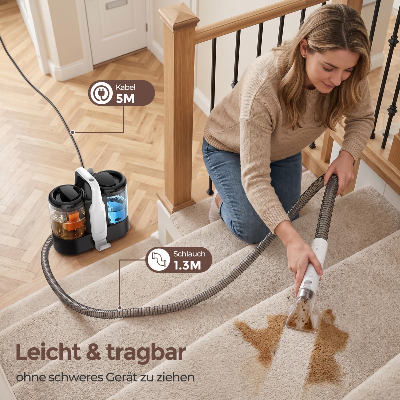 Polsterreiniger Gerät Teppichreiniger Waschsauger mit 15kPa Saugkraft & 500W Motor, Fleckenreiniger für Sofa, Matratze, Teppich und Auto, Selbstreinigender Textilreiniger für Haustiere