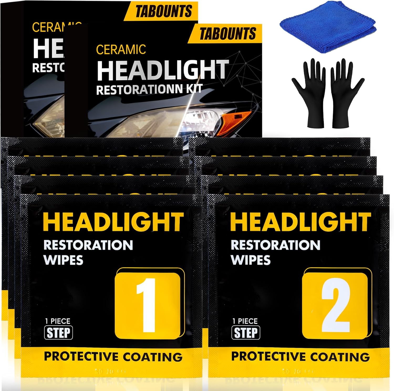 TABOUNTS Headlight Restoration Kit,Headlight Restoration Wipes - 3-Step Cleaning System, Removes Yellowing & Oxidation, Restores Clarity, Long-Lasting UV Protection for Safer Night Driving