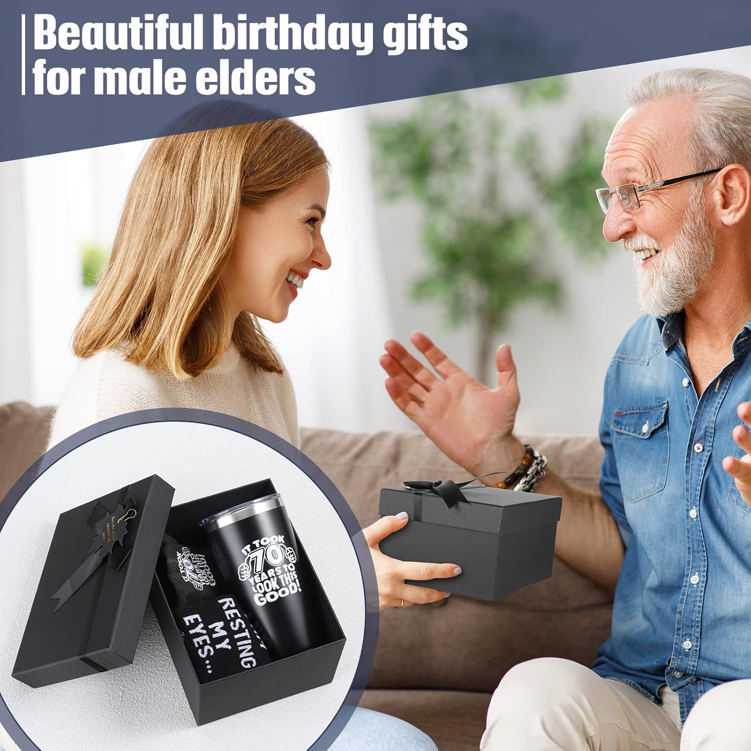 EBOOT 5 Pcs 50/60/70/80th Birthday Gifts for Men, Include Birthday Baseball Cap Coffee Tumbler Cup Socks Keychain Gifts Idea(70th)