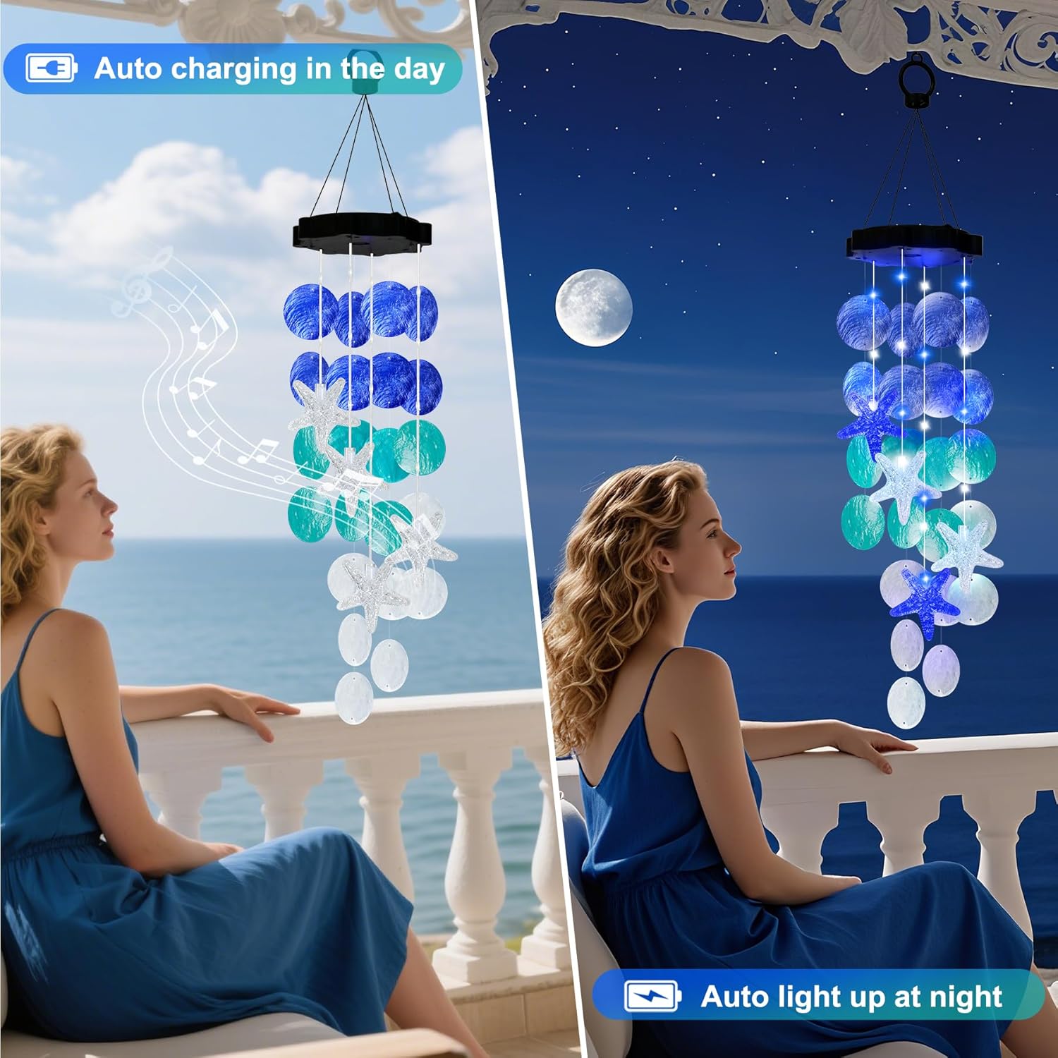 Solar Starfish Wind Chimes for Outside Mobile Shells Wind Chimes Hanging Decorative Lights for Holiday Garden Porch Yard Window Party Outdoor Decor, Gift for Mom Grandma Wife Girlfriend Neighbors - Image 2