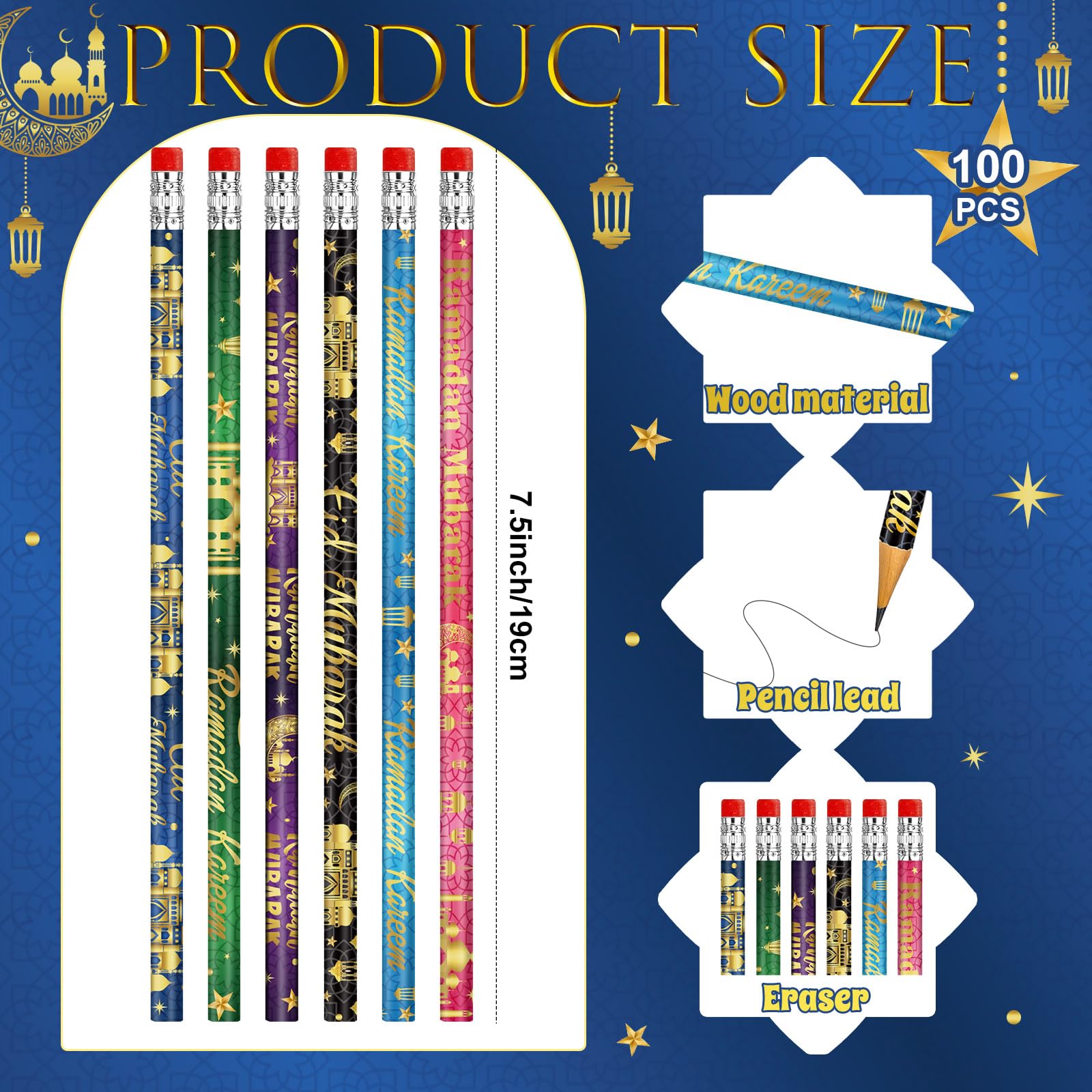 100 lápices de madera de Eid Mubarak con borrador Ramadán Mubarak, recuerdos de fiesta, regalos de papelería, lápices a granel para escuela, aula, oficina, regalos, premios islámicos, suministros para