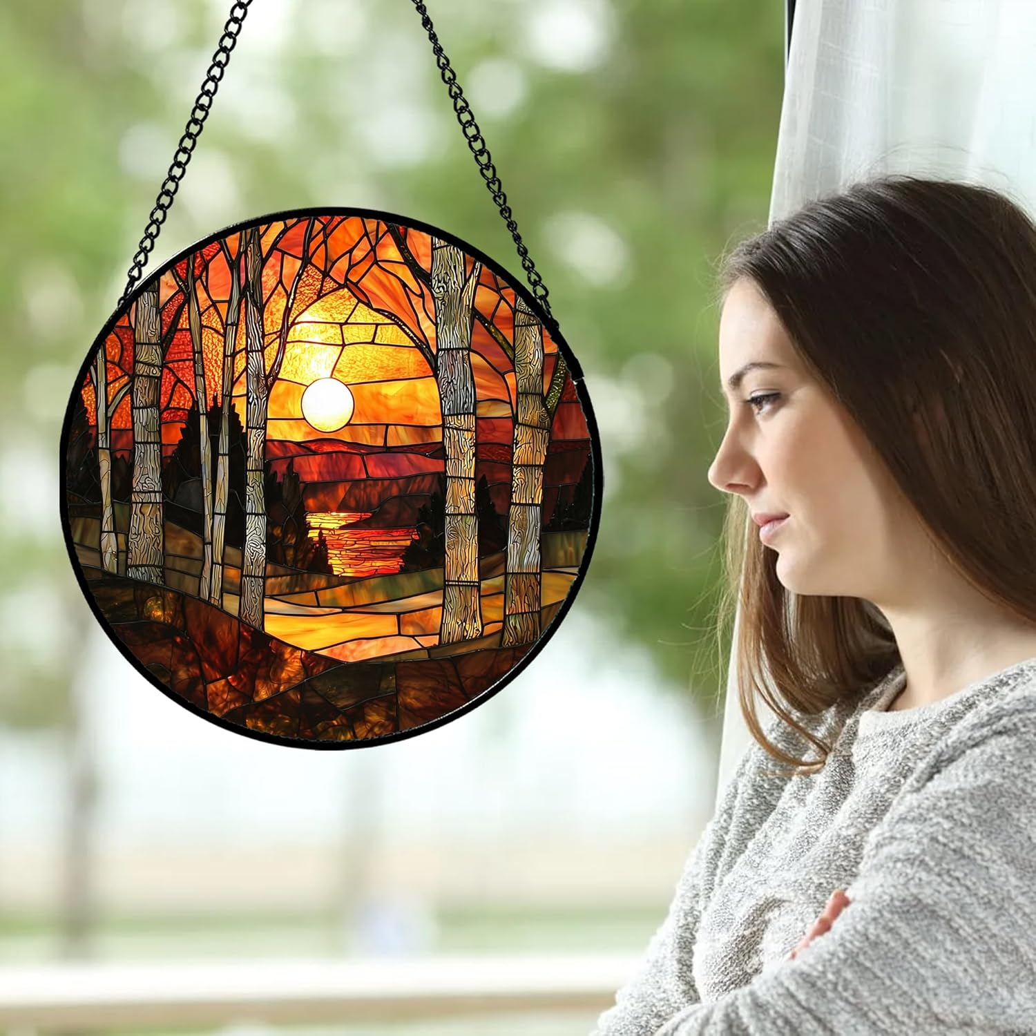 Stained Glass Window Hanging, Orange Red Landscape Forest Lake Moon Suncatcher for Doors Window Home Sun Catchers Decor Mother's Day Birthday Gifts for Women Men Mom 15 in