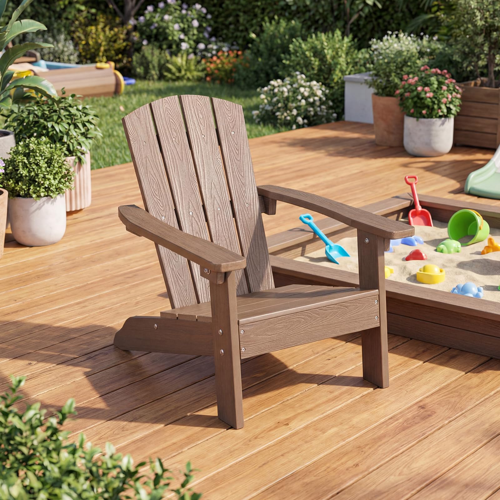 COSTWAY Sedia Adirondack per Bambini, Poltrona da Giardino in Plastica Resistente alle Intemperie con Schienale a Doghe Inclinato, Sedia Adirondack per Patio e Balcone, Portata 75 kg (Marrone)