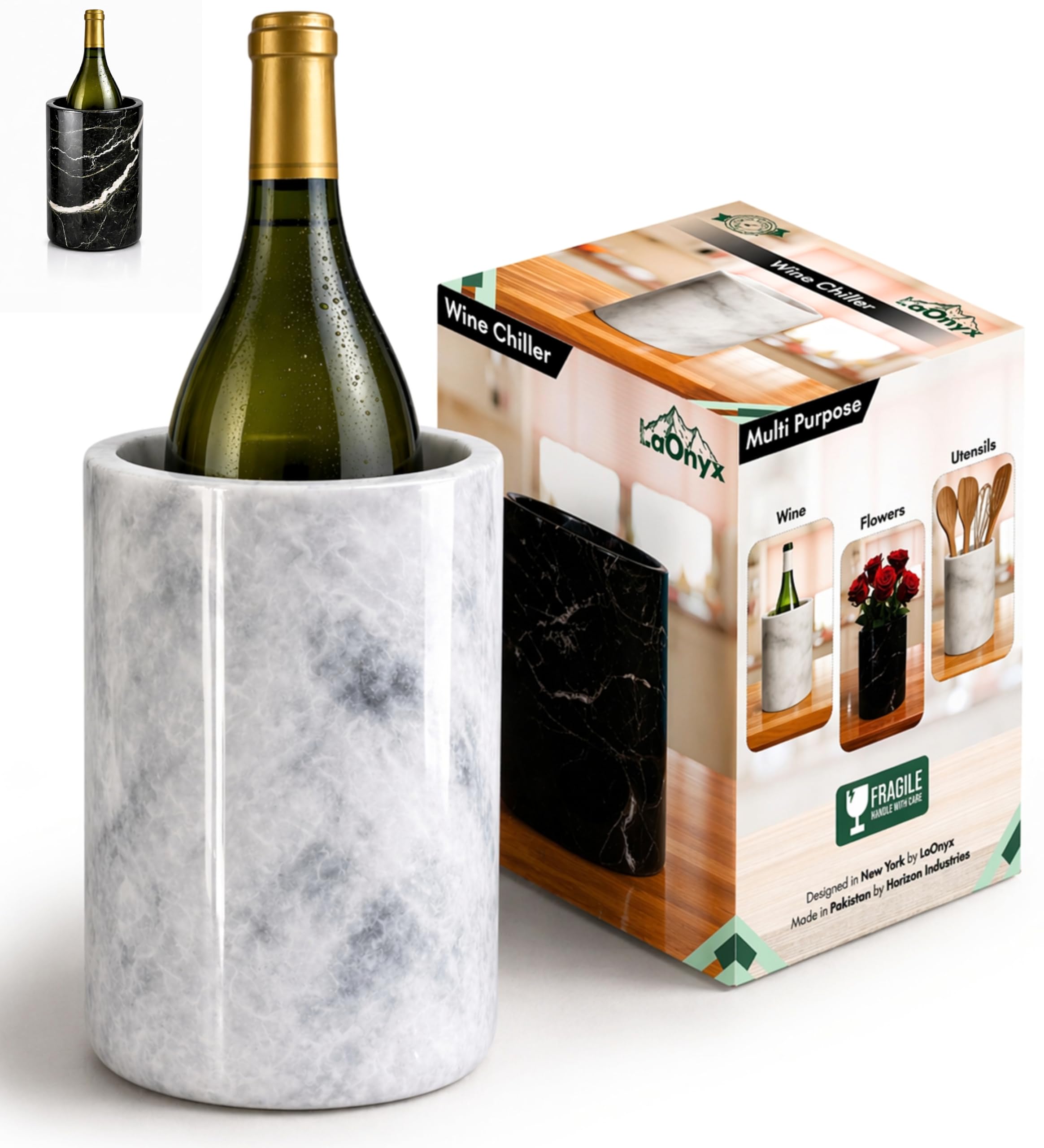 Marble Wine Chiller Bucket for 750ml Bottles, Natural Stone Wine & Champagne Bucket, Elegant Bottle Chiller for Dining Table, Keeps White Wine Cold, Luxury Home & Bar Decor - White