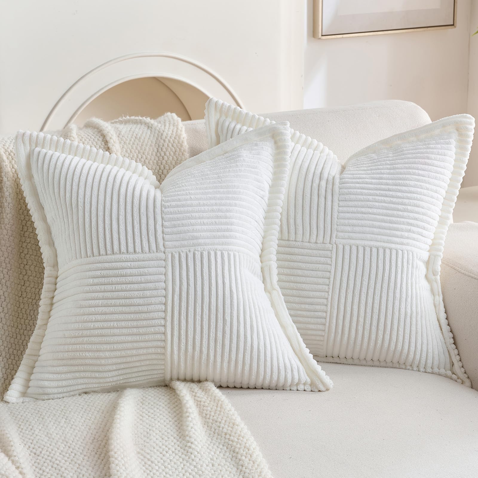 Corduroy Throw Pillow Covers - White Striped, Set of 2