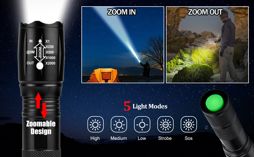 Image of Zoomable LED Flashlights 5 Modes Bright Tactical Torch High Lumens 2Pack