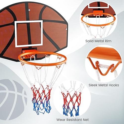 Miniatura 8 de GYMAX Mini aro de baloncesto, aro de baloncesto portátil montado en la pared con tablero inastillable y red para todo tipo de clima, accesorios de