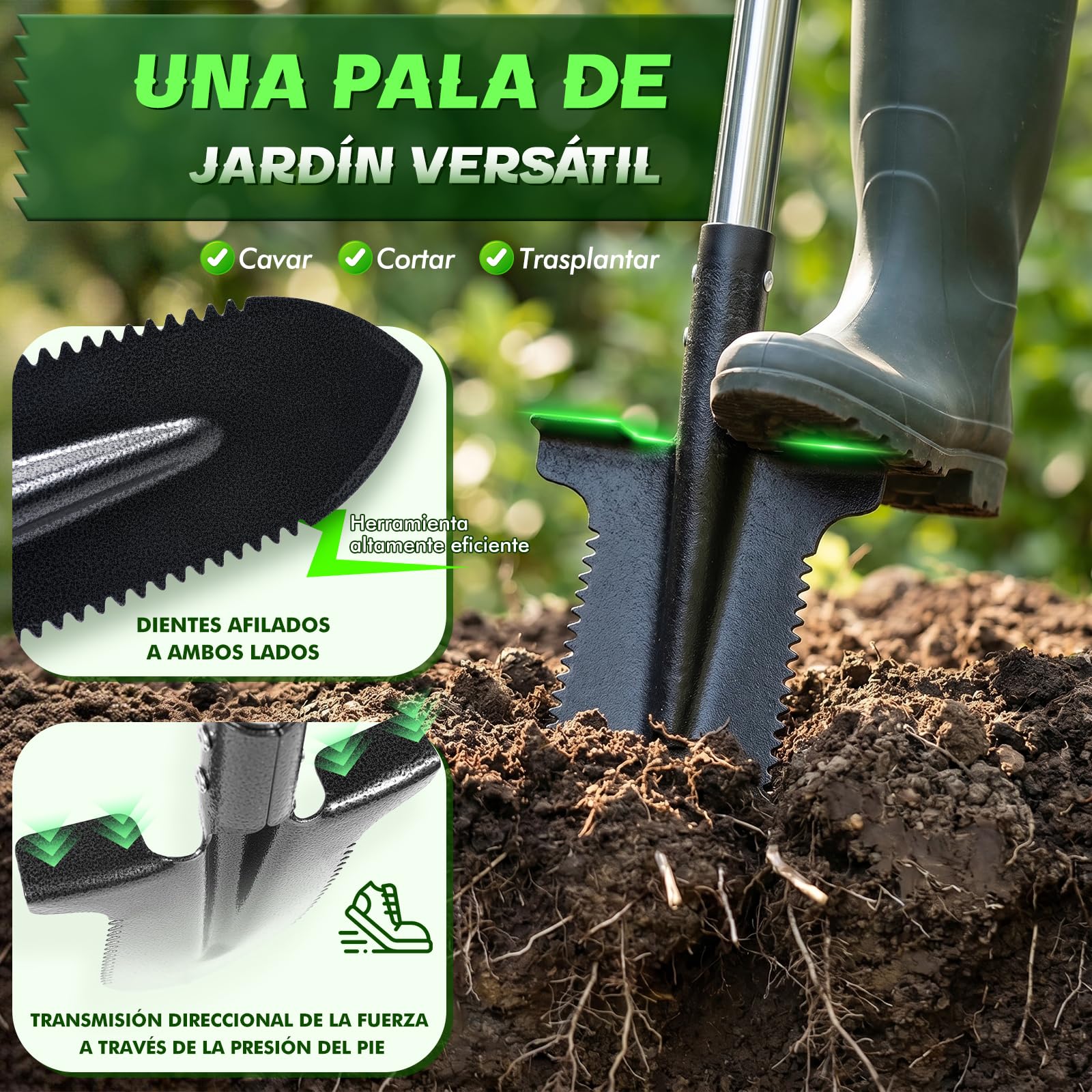 Pala de zanahoria resistente con grano de siembra, pala de jardín de acero al carbono de 115 cm con mango ergonómico suave, pala para jardín, raíces, excavación y suelos pesados