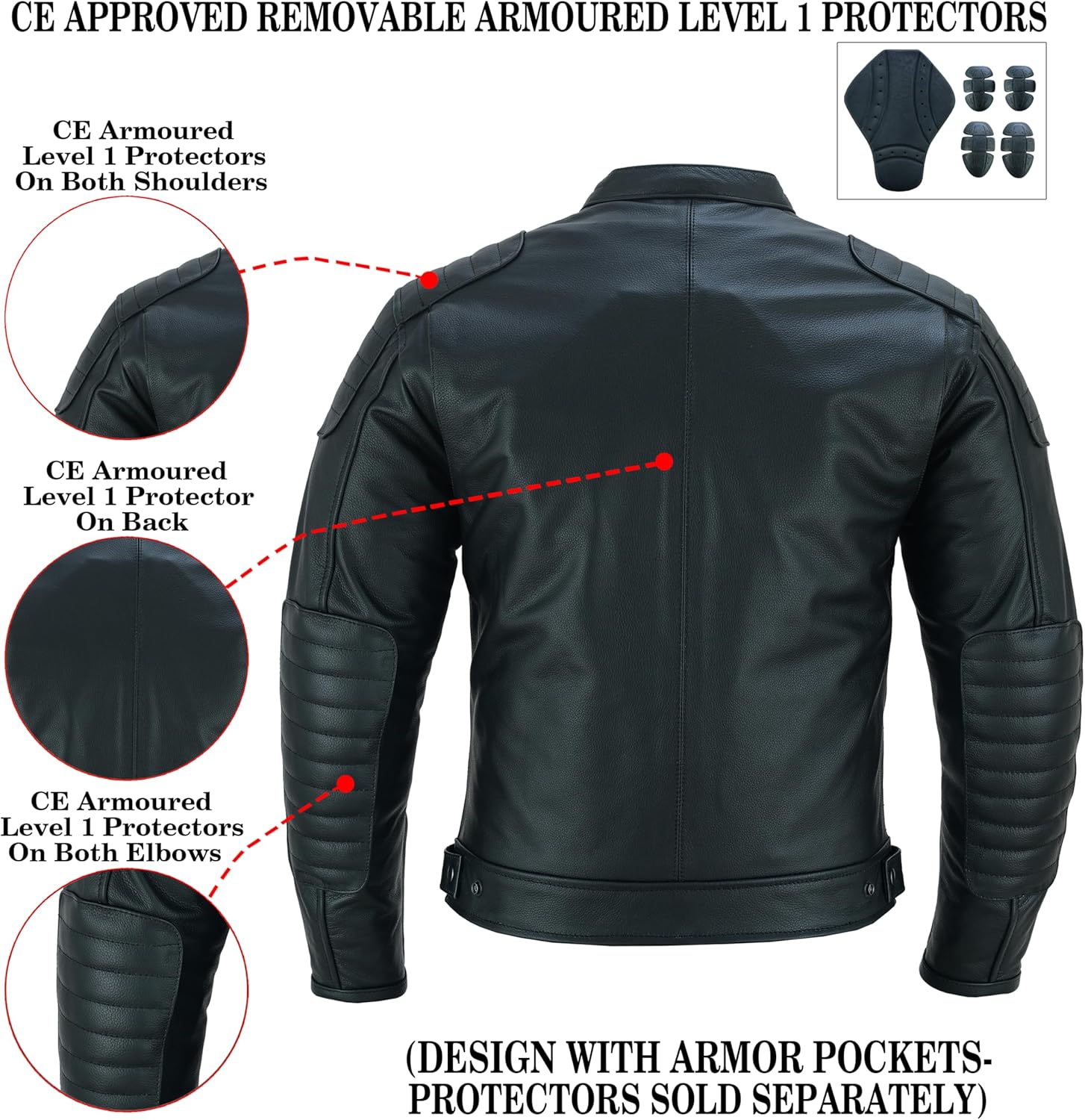 Men's Motorcycle Motorbike Cowhide Leather Jacket Distress Zip Up CE Approved Protection Jacket - Image 5