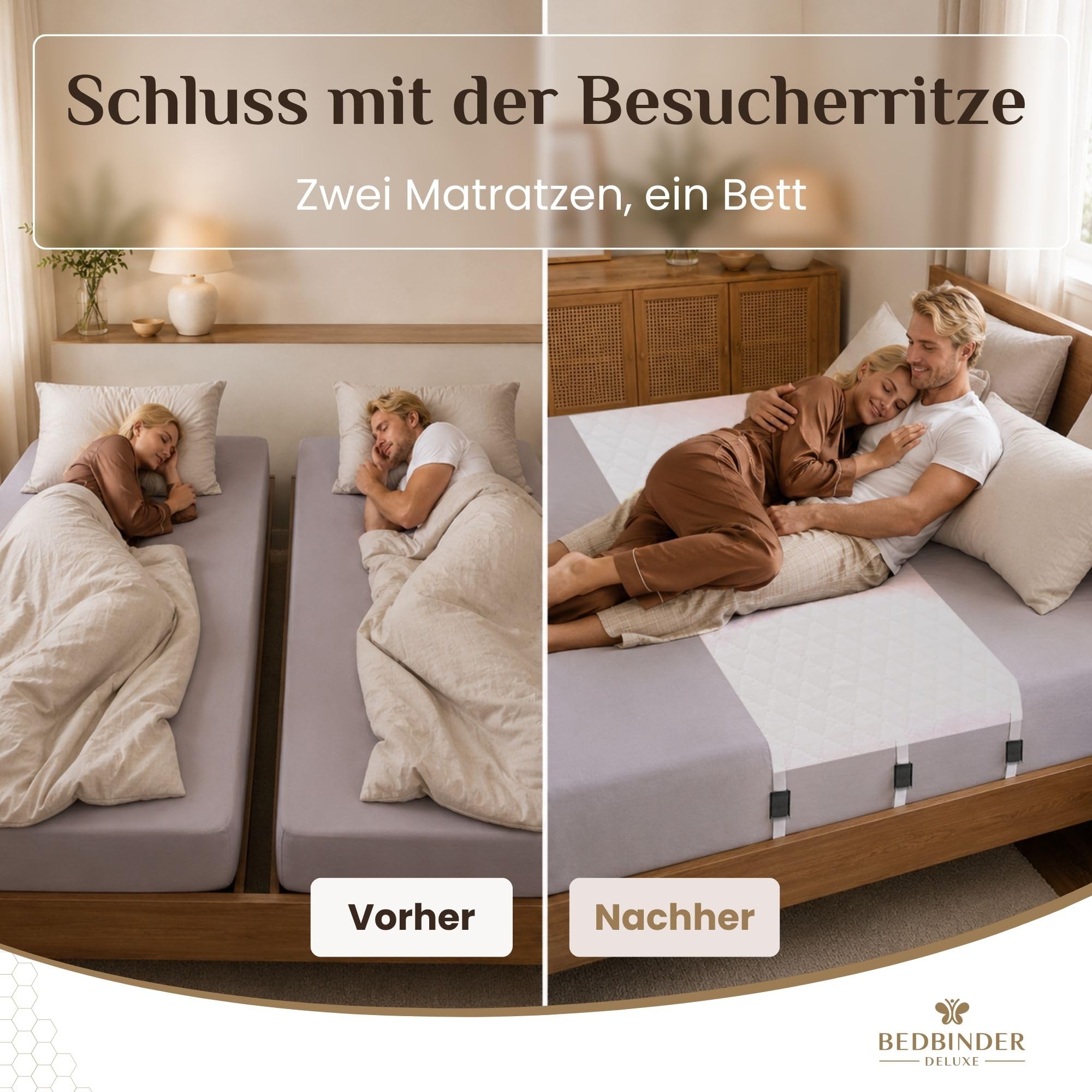 Bedbinder Deluxe Liebesbrücke für Matratzen 80 cm - Matratzenverbinder | Schließt die Besucherritze von unten – ohne Schaum, ohne Geruch. Hält gegen Verrutschen. 7 Jahre Garantie.