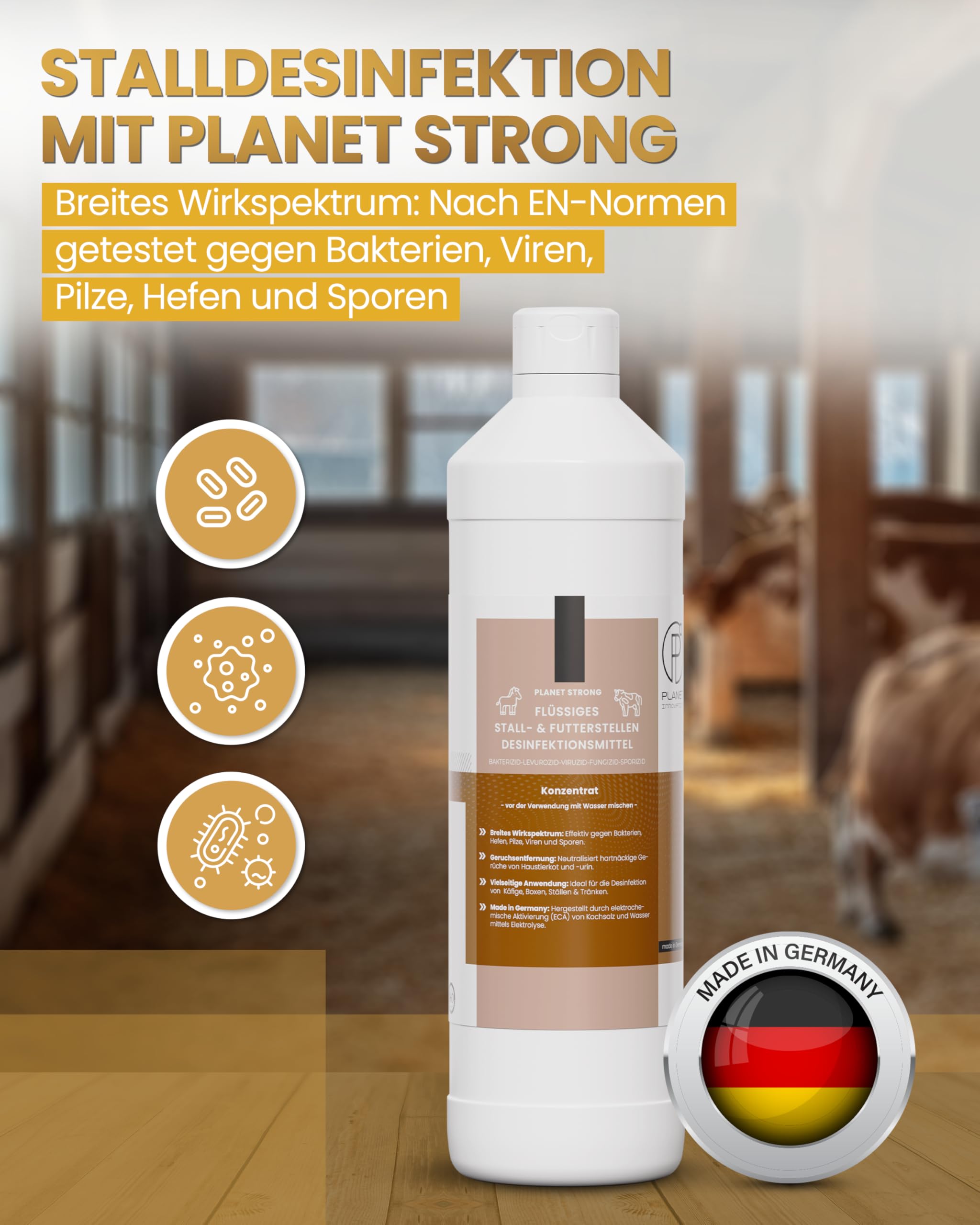5L Stalldesinfektionsmittel Konzentrat Planet Strong® – Wirksam gegen Bakterien, Pilze & behüllte Viren (z. B. Influenza-Viren) – Für Ställe, Tierhaltung, Flächen & Futterstellen | Made in Germany