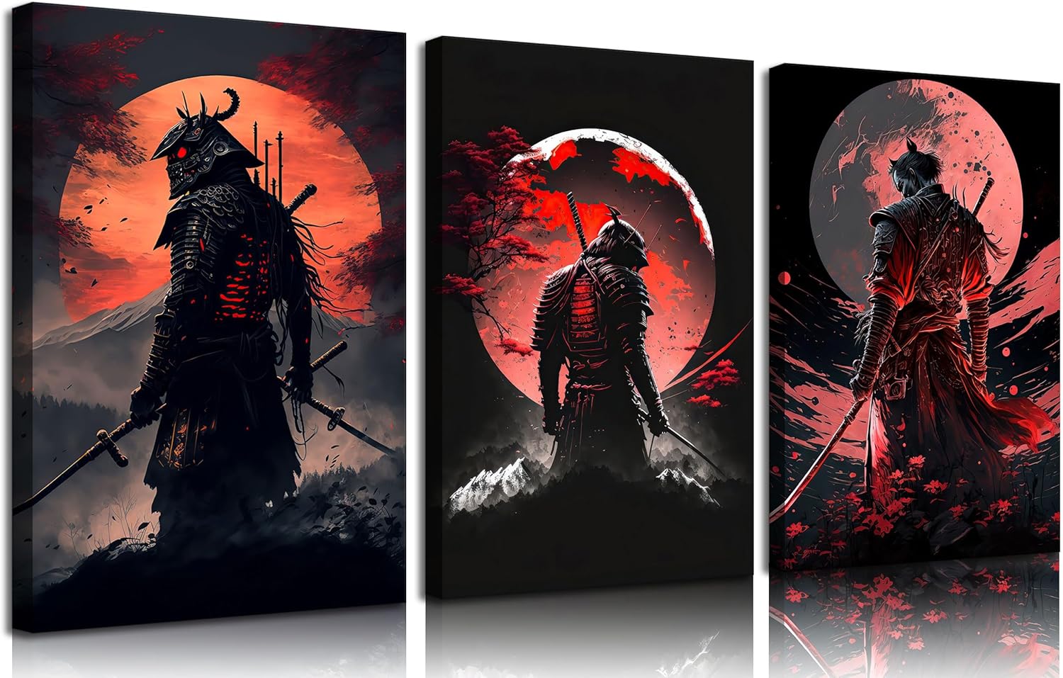 3pcs Japan Samurai Canvas Wall Art Japanese Style Full Moon Ninja Wall Decor Pictures Japanese Bushido Posters Prints Paintings for Living Room Bedroom Home Artwork Decoration Ready To Hang