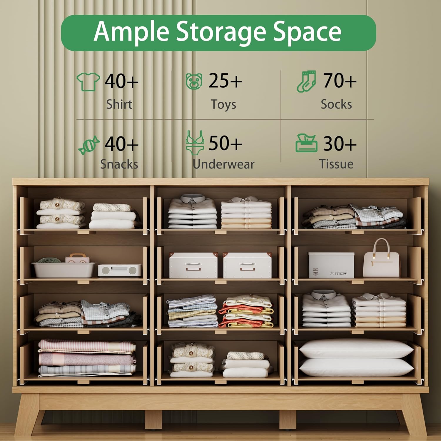 Fluted Dresser for Bedroom with 12 Drawers, 57" Wide Modern Chest of Drawers with Metal Handle, Wooden Dresser TV Stand, Wood Closet Clothes Storage Organizer for Living Room, Hallway, Natural Oak - Image 3