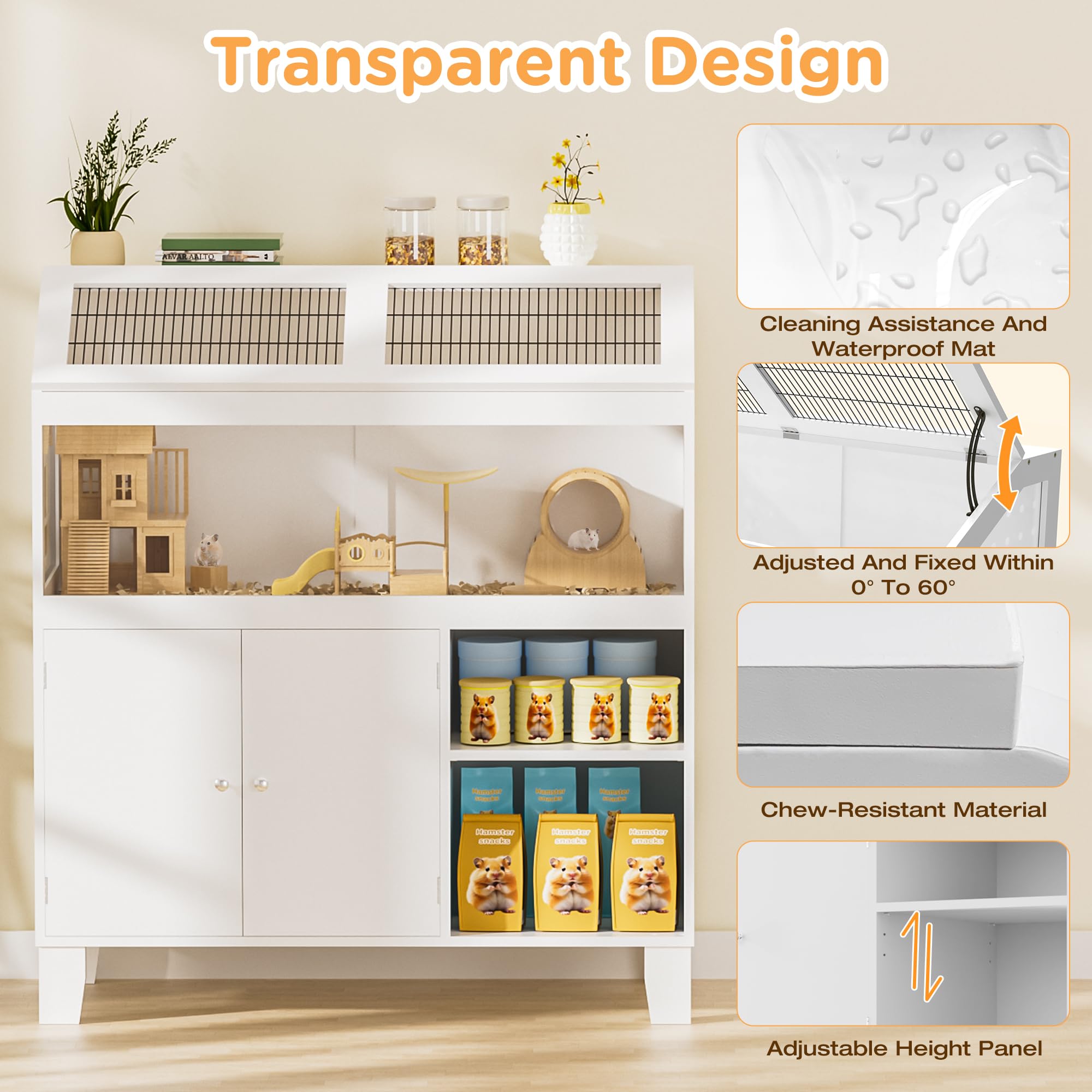 Hamster Cage, Large Hamster Cage with Storage Cabinet, Large Habitat with Easy View Acrylic Panels, Wooden Small Animal Cages for Guinea Pigs, Rabbits, Gerbils, Hedgehogs, White