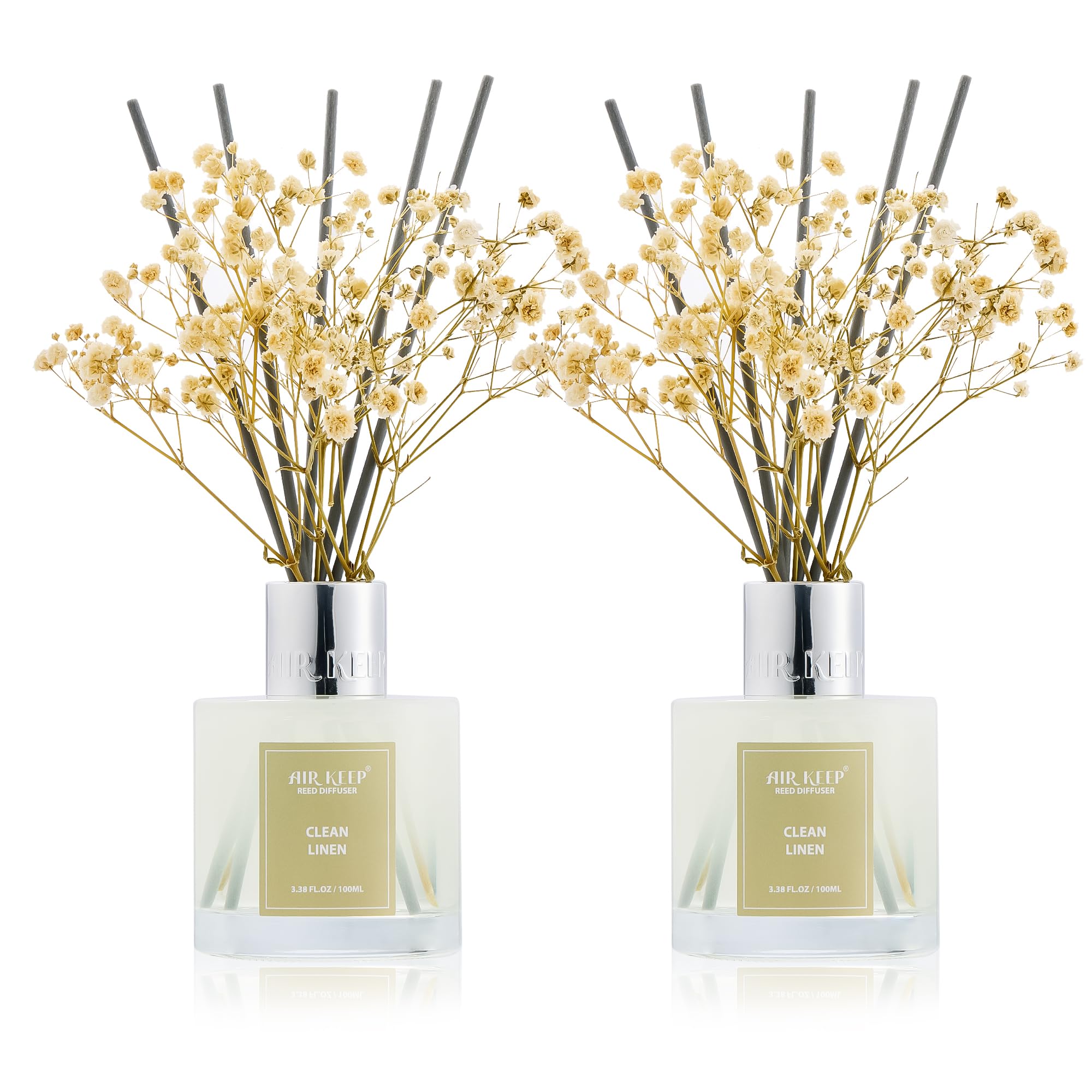 Airkeep Reed Diffuser 3.38 oz (100ml) 2pk, Clean Linen Scented Reed Diffuser Set,Reed Diffuser &amp; Oil Diffuser Sticks, Aromatherapy, Airkeep Reed Diffuser Set Box 2-Clean Linen