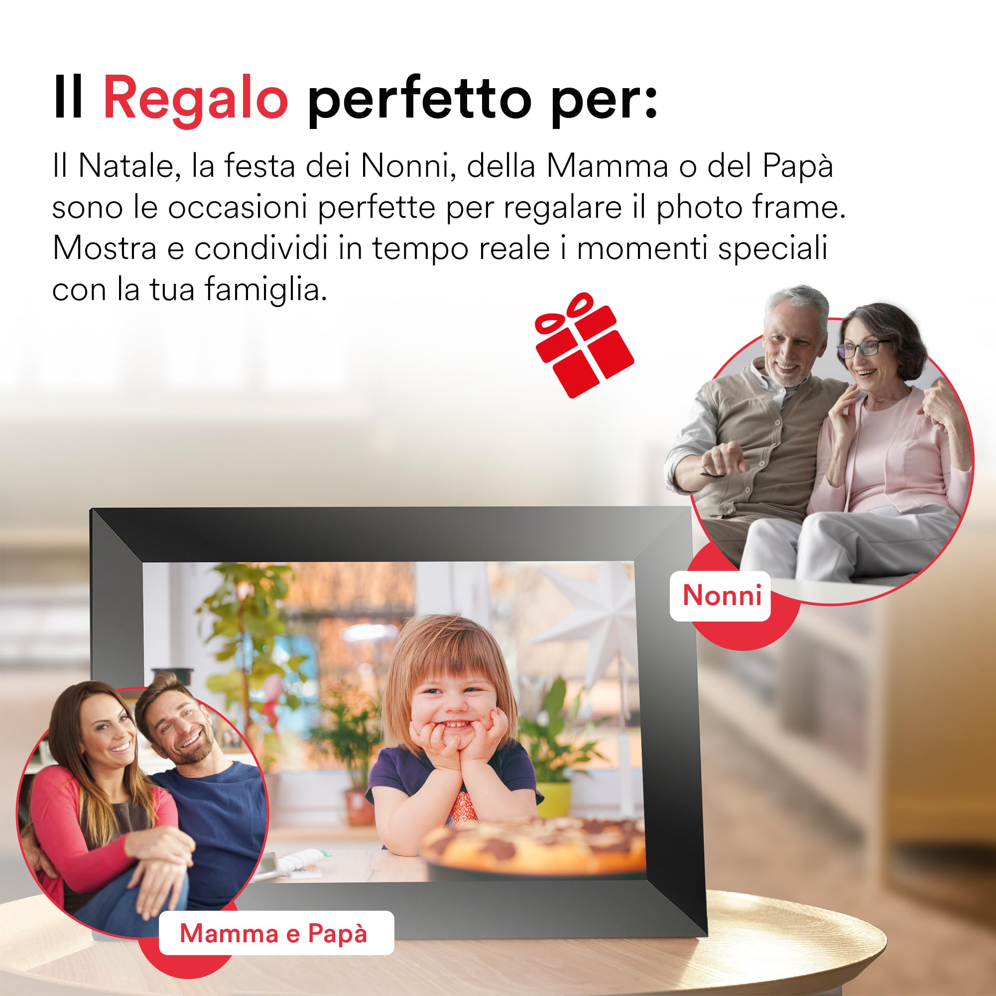 Atlantis Cornice Digitale WiFi 10 Pollici, Touch Screen, condividi foto e video via APP, portafoto digitale, rotazione automatica, orologio e meteo, Memoria 1GB RAM + 16GB per foto, Slot Micro SD.