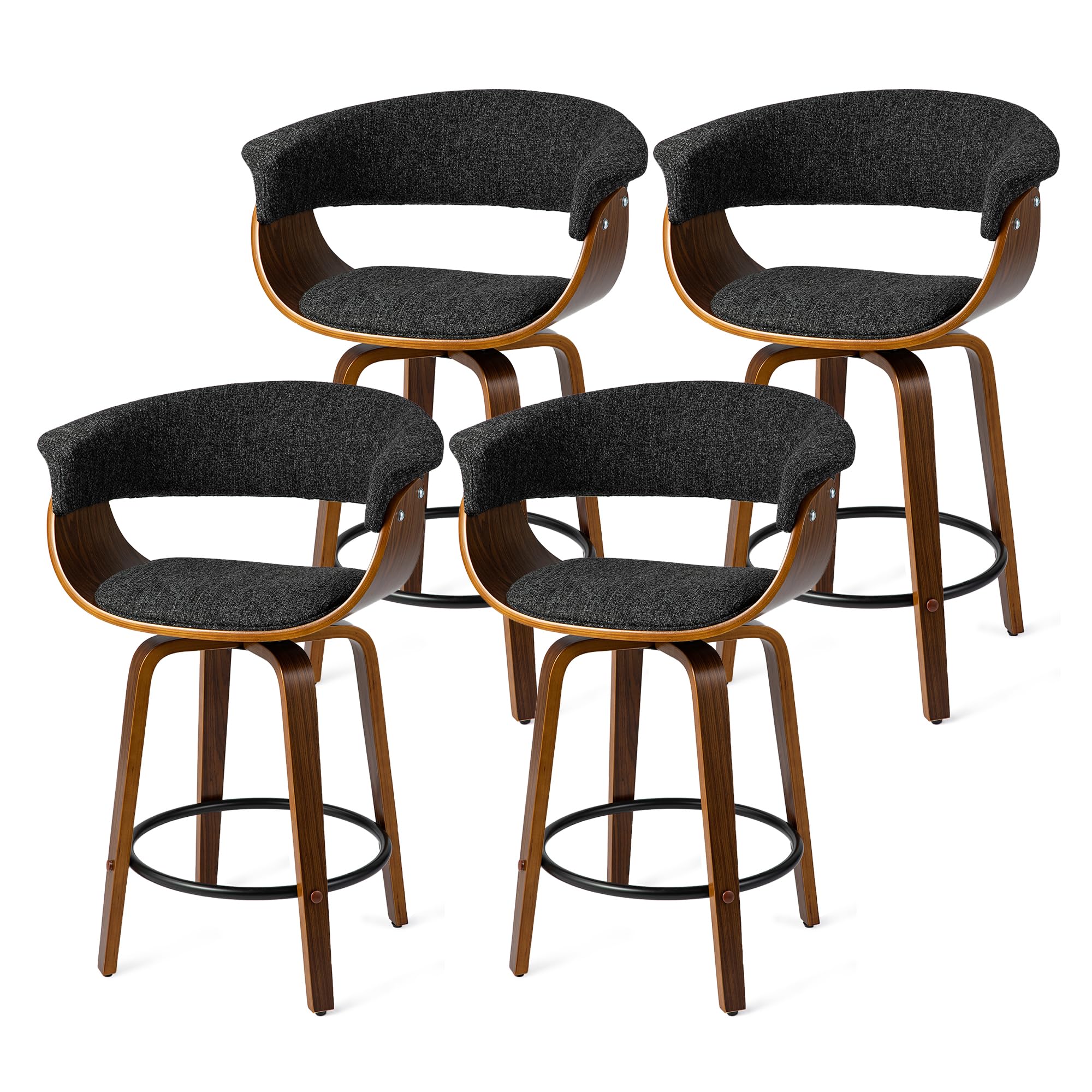 Glitzhome Swivel Counter Height Stools Set of 4, 24.5''H Upholstered Fabric Counter Chairs with Back& Footrest, Walnut Wood Frame Bar Stools for